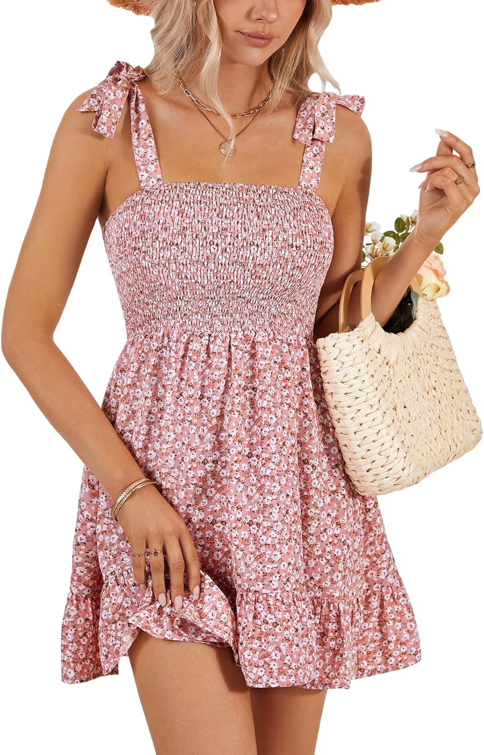 Vrtige Women's Summer Boho Floral Spaghetti Strap Smocked Square Neck Ruffle Mini Dress - Image 4