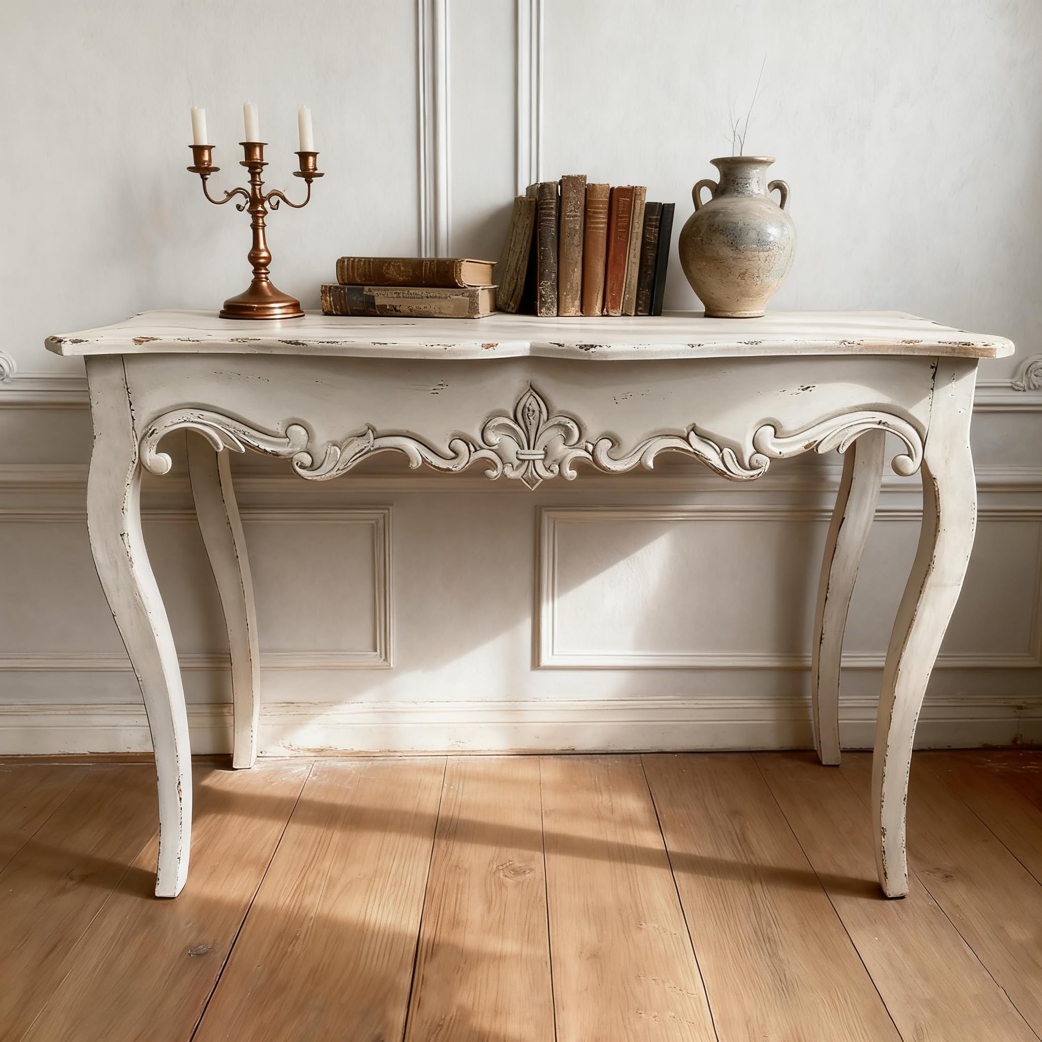 Console De Table Vintage Blanche Avec Miroir - Style Campagnard - 4 Tiroirs