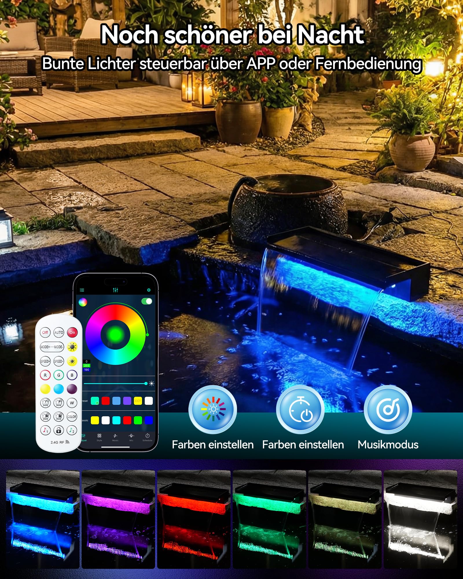POPOSOAP Kit de Cascada para Estanque, Desagüe de Acero Inoxidable 60cm, Bomba de Agua 4500 L/h, Luces LED con Mando a Distancia y Tubo Corrugado 3m, Adecuado para Estanques Exteriores hasta 12 m²