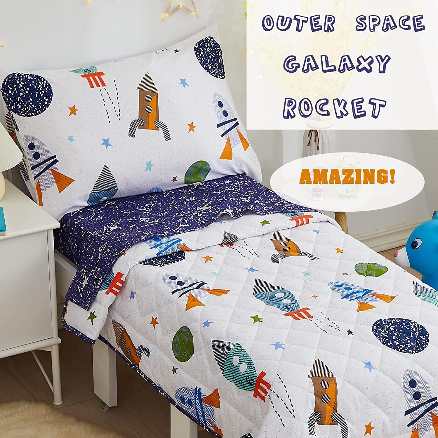 Brandream Kids Bedding Set Twin Size Space Boy Girl Cotton Comforter Set Space Rocket Galaxy Bedroom 3-Piece - Image 3