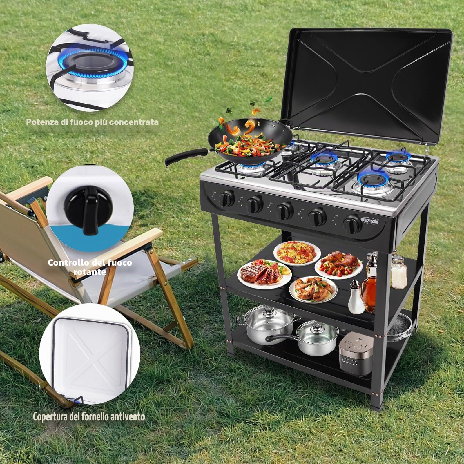 Fornello a gas portatile 5 fiamme, fornello a gas naturale da campeggio all'aperto, fornello BBQ da giardino con copertura antivento e base per camper, appartamento, cucina all'aperto (nero)