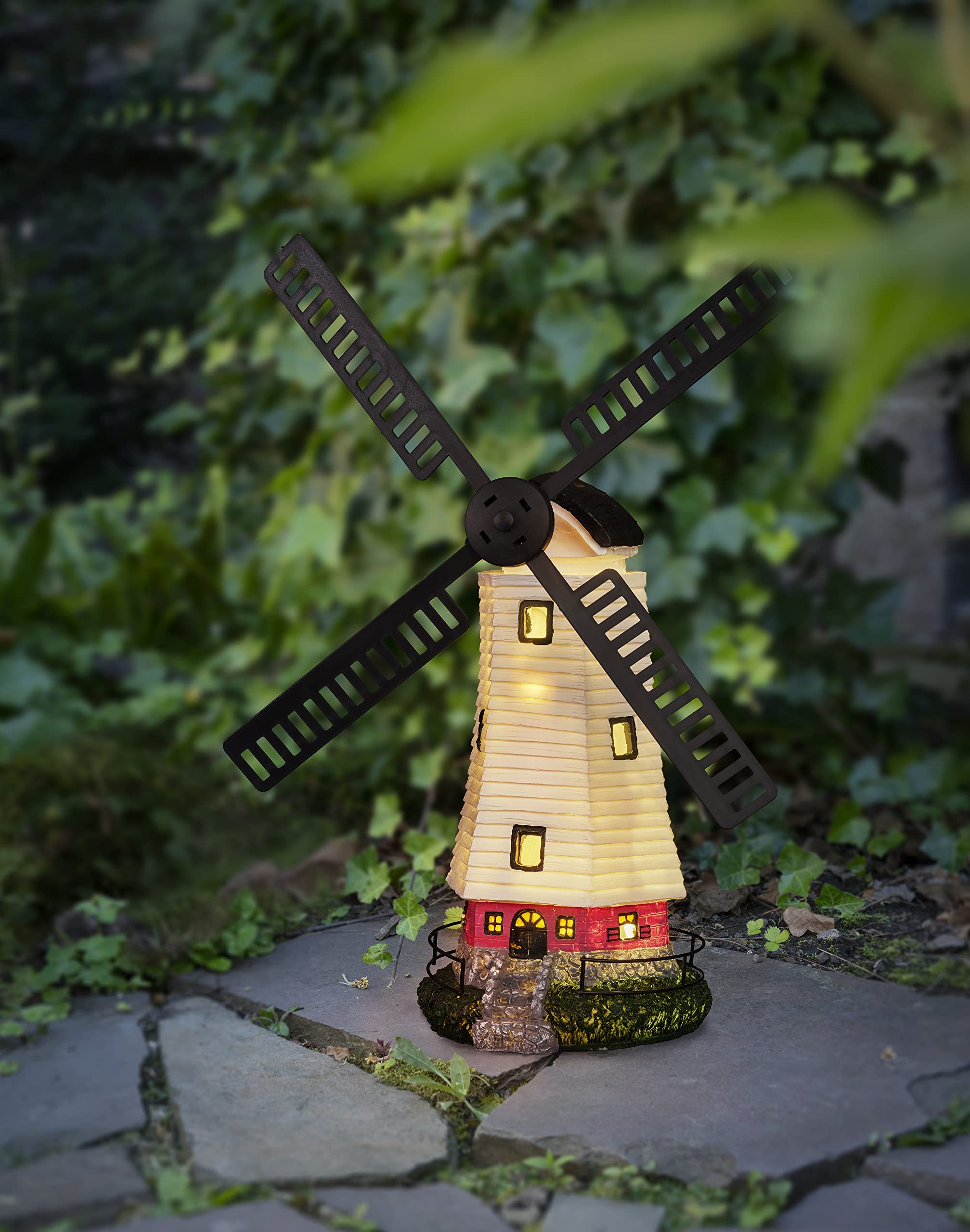 Bonetti Moulin à vent solaire avec lumière LED pour l'extérieur - Lampe solaire spéciale pour le jardin - Allumage et arrêt automatiques - Environ 53 cm de haut, ailes mobiles