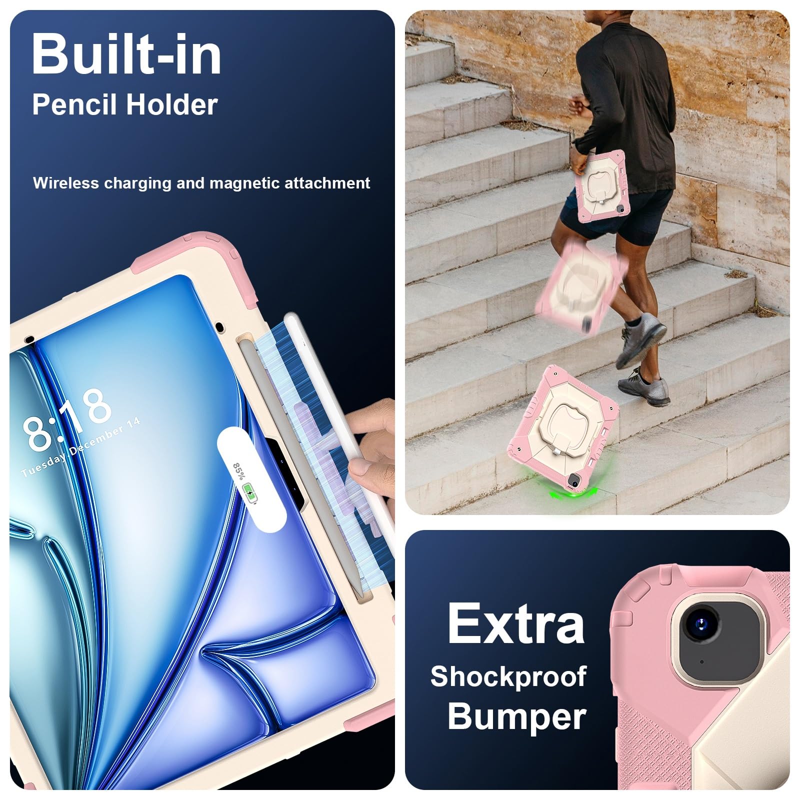 Stoßfeste Hülle for iPad Air 13 Zoll M4 M3 M2 (2026 2025 2024), robuste Schutzhülle mit drehbarem Ständer, klappbarem Griff, Schultergurt, Stifthalter(Rose Gold)
