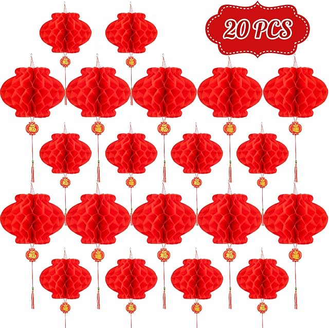 Whaline 20 Pcs Red Chinese Lanterns, 12 and 10 Inches Red Paper Lanterns Hanging Decorations for Chinese New Year, Spring Festival, Lantern Festival Celebration Supplies