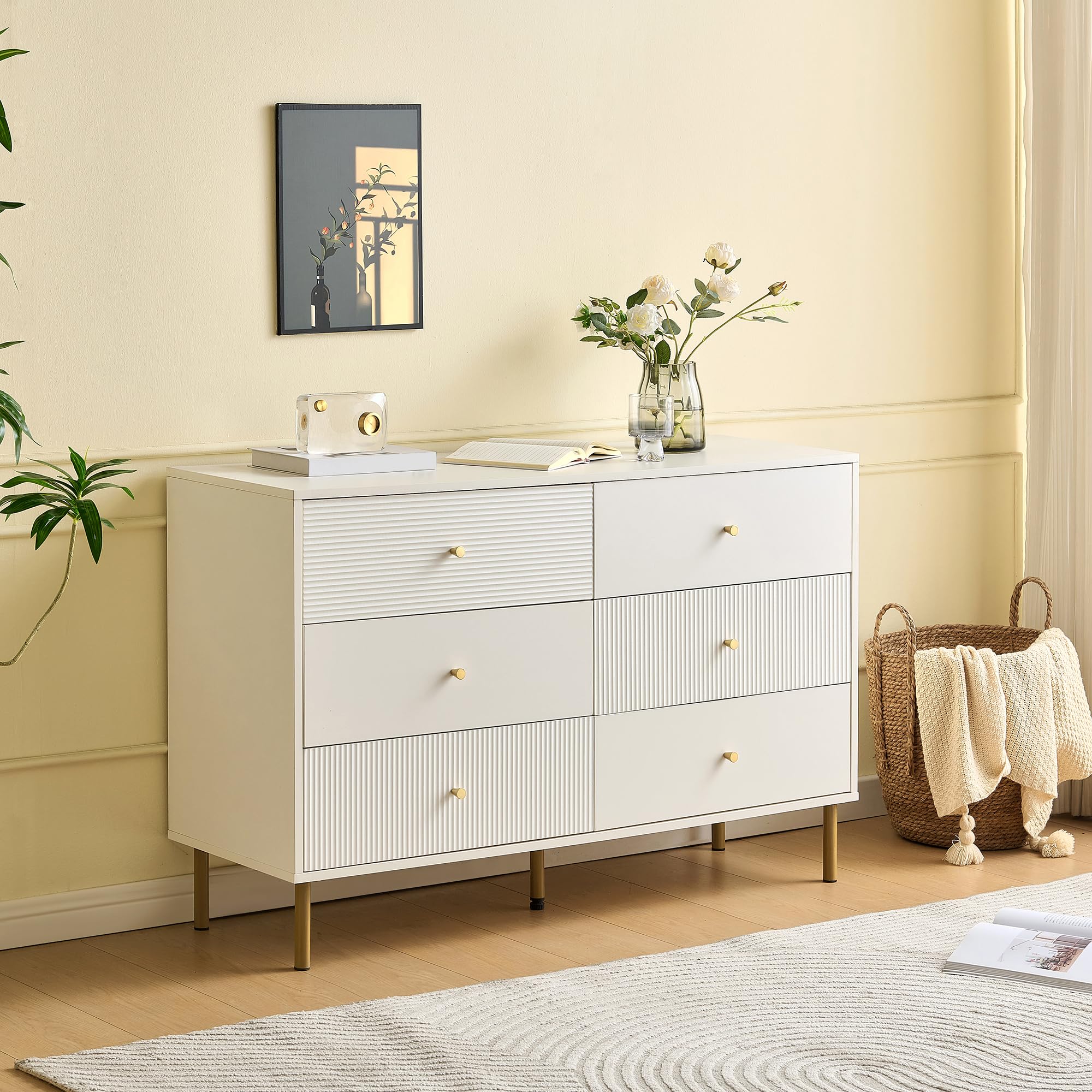 BTM Modernes 6-Schubladen-Kommode, Weiße Aufbewahrungs-Kommode mit Zinklegierung-Griffen & Stahlbeinen, 120×40×78cm MDF-Schrank für Schlafzimmer, Wohnzimmer, Eingangsbereich
