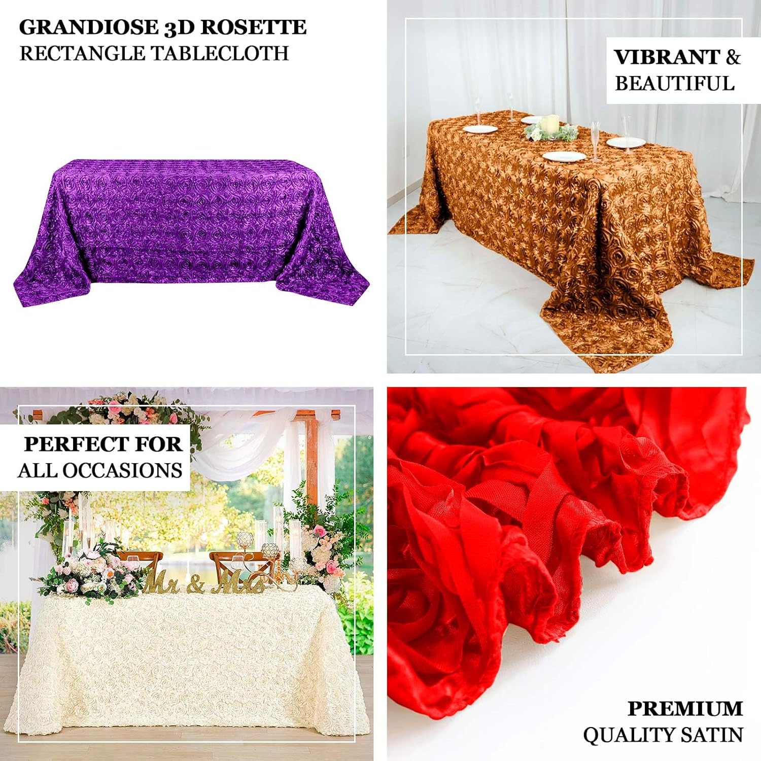Efavormart 90"x132" Wholesale Rectangle Table Cover ROYAL BLUE Grandiose Rosette 3D Satin Tablecloth for Wedding Party Event