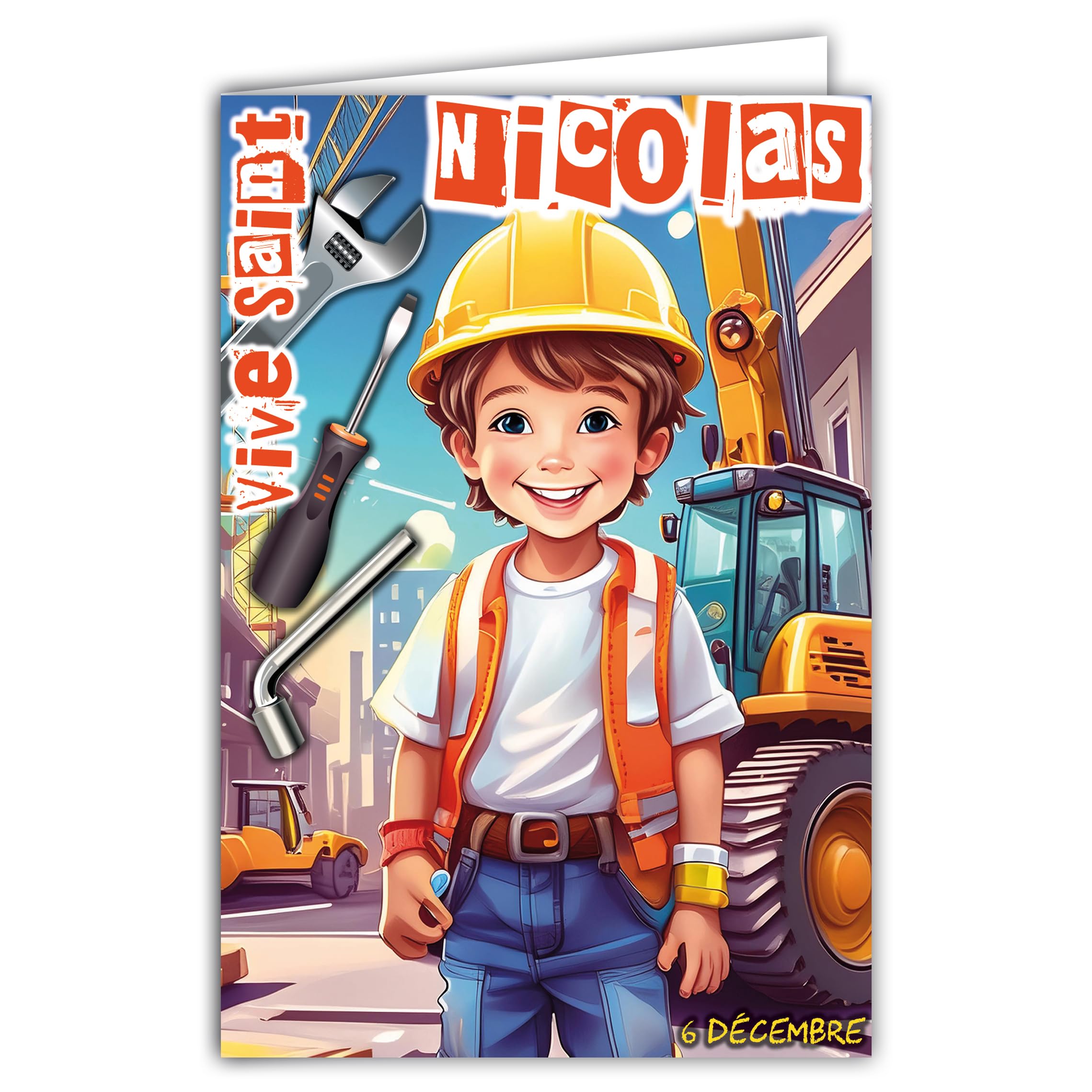 68-1360 Card Vive Saint Nicholas 6 December Wish a Happy Birthday to a Little Boy Schoolboy Handyman Construction Game Excavator Construction Set with White Envelope Size 12 x 17 cm