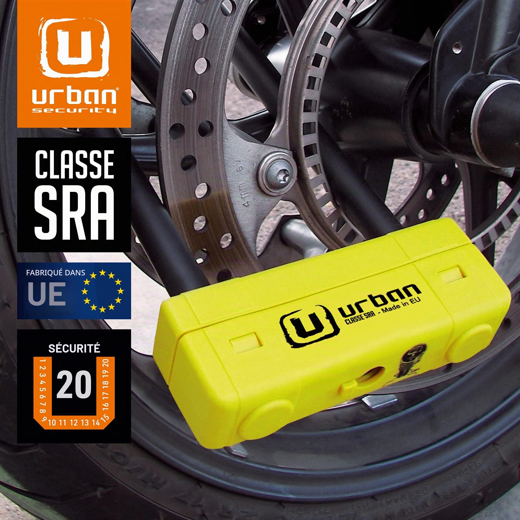 URBAN UR85250Y Antivol Moto Homologué SRA, U ø18 Sécurité Maximale, Acier Trempé, Double Verrouillage Anti-Levier Anti-Sciage, Jaune Plus Dissuasif, Cadenas Anti Vol U pour Moto Scooter Vélo, 85x250mm