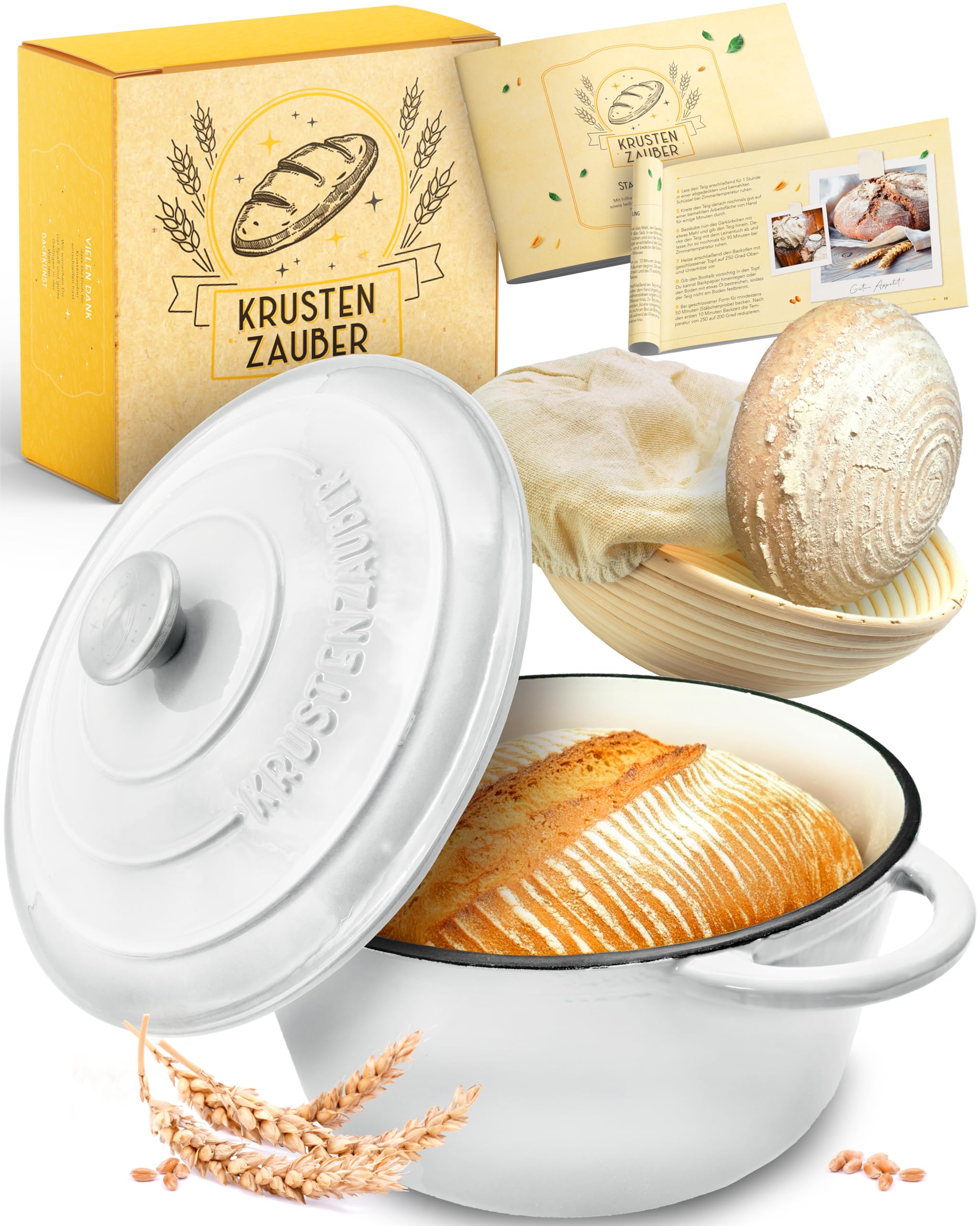 Krustenzauber Gusseisen Topf Brot backen emailliert inkl. Gärkorb - 26cm Emaille-Topf samt Zubehör - Ideal als Brotbacktopf