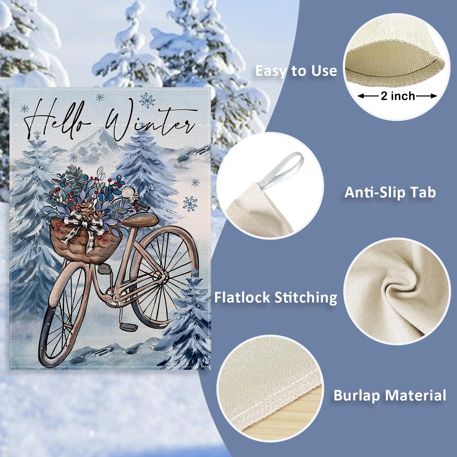 Covido Winter-Gartenflagge 'Hello Winter' – 30,5x45,7 Cm, Doppelseitig Bedruckt, Jute-Optik, Mit Fahrrad & Schneeflocken