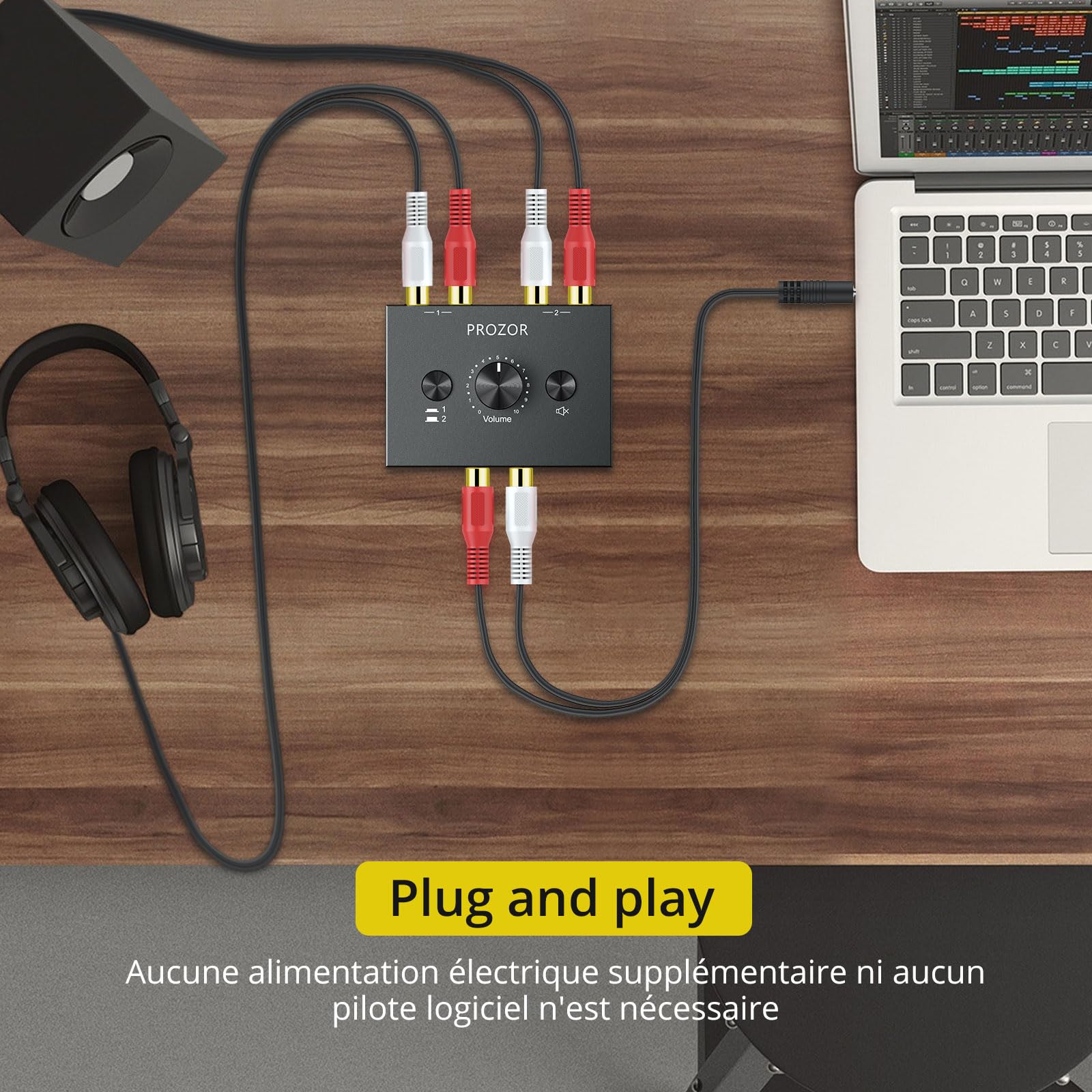 PROZOR Commutateur Audio Stéréo Bidirectionnel R/L 2-en-1/1-en-2 - Bouton Muet Volume sans Alimentation pour Home Cinéma Studio