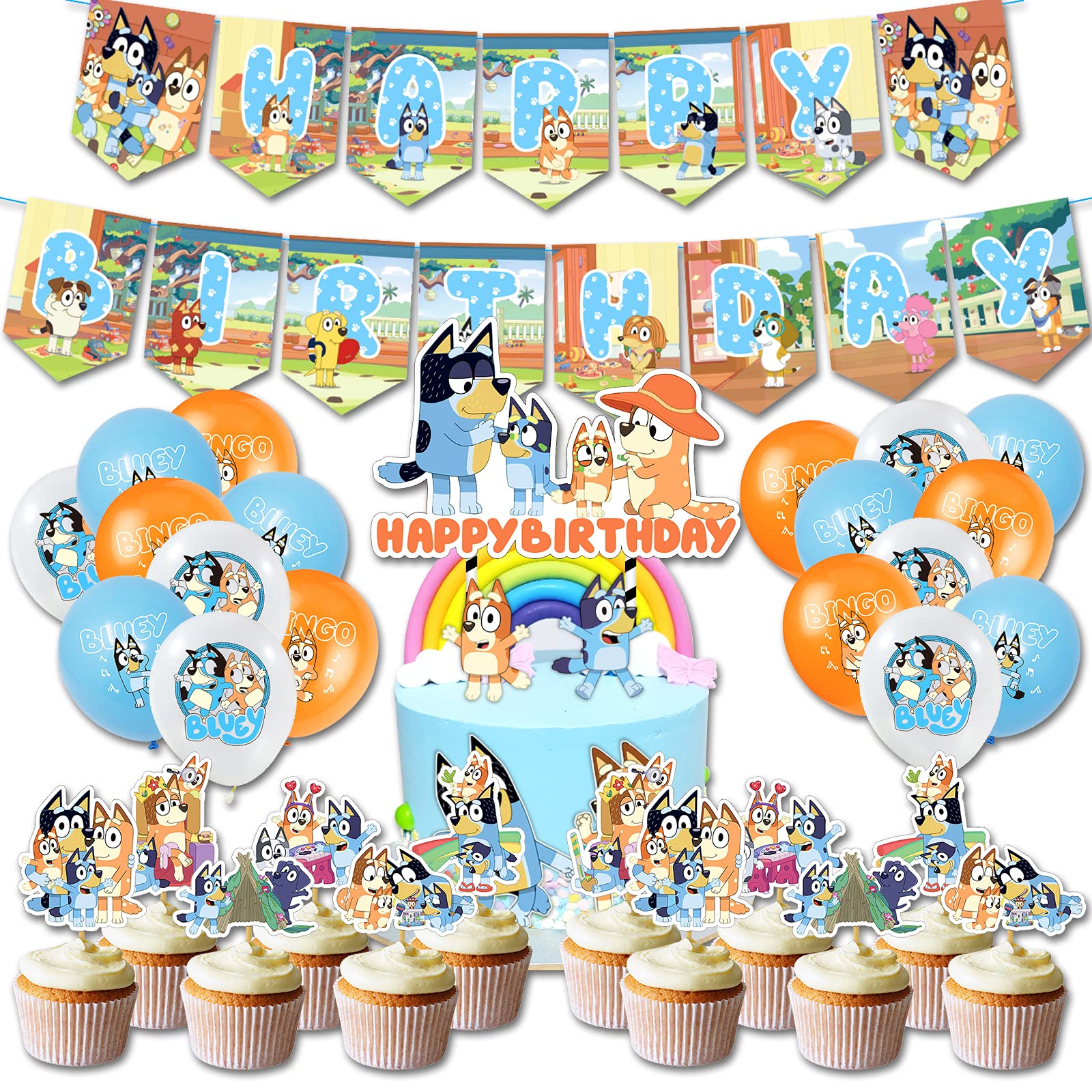 Cartoon Birthday Party Supplies 44PCS Cartoon Theme Party Decorations for Children Contain 18PCS Cute Anime Characters Balloons, 24PCS Vivid Cupcake Toppers, 1PCS Big Cake Topper, 1PC Long Banner Funny Room Decor