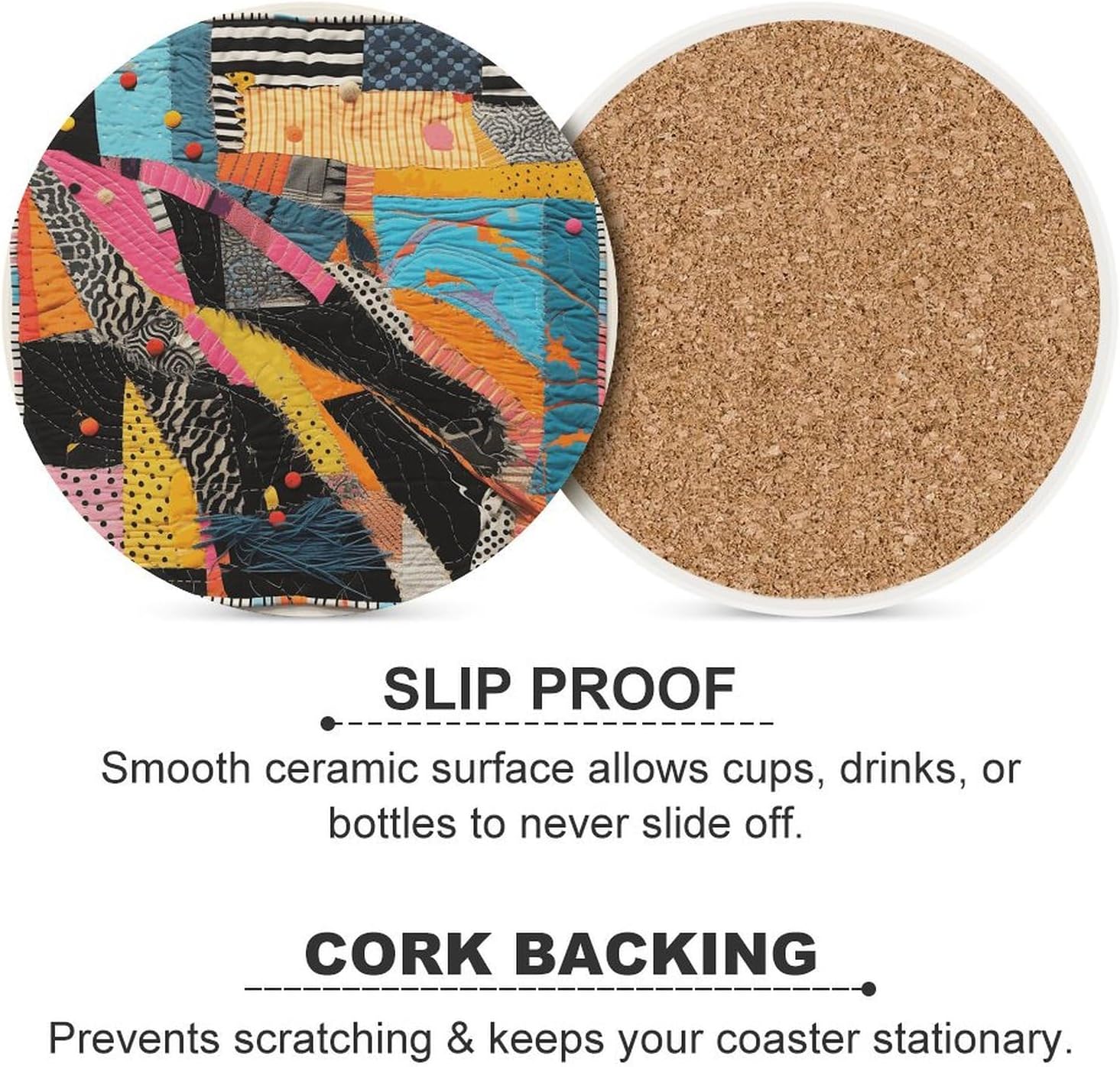 環境に優しいセラミックコースター コルクの裏地付き 丈夫でスタイリッシュ カラフルなキルトプリント コーヒーテーブル装飾 自宅、オフ
