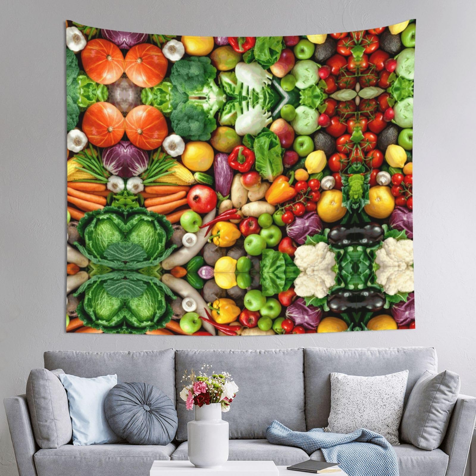 HLSBSSL 60x51in Fresh Fruits and Vegetables Printed Tapestry Tablecloth for Dormitory and Picnic Rooms - Multifunctional Fabric Hanging