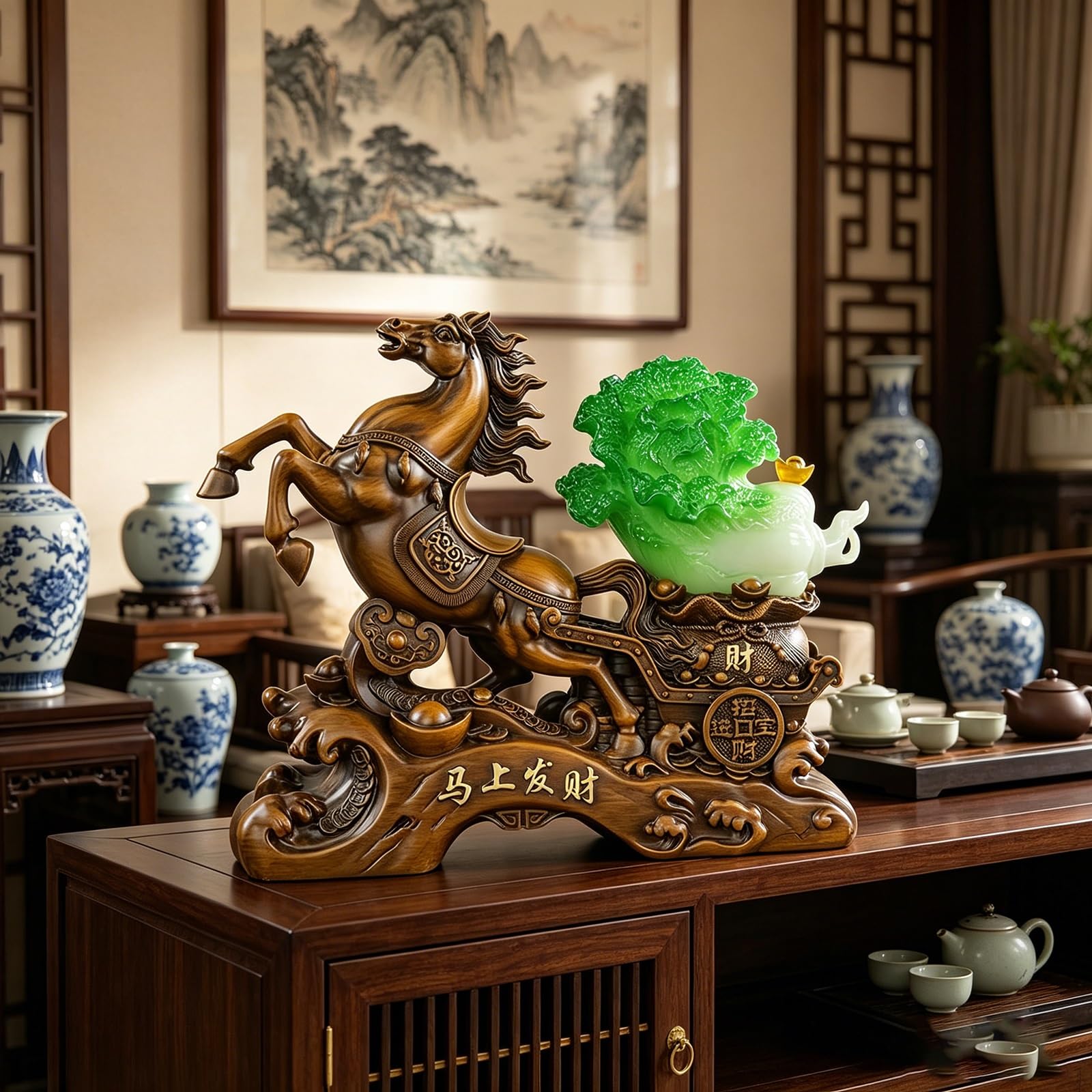 Figurka konia Feng Shui, dekoracja noworoczna, szczęśliwy ornament konia 2026, nadaje się do domu, biura i użytku na biurku(27 x 9 x 22 cm/10,6 x 3,5 x 8,7 cala)