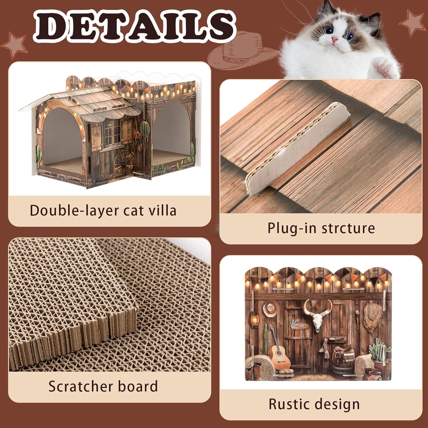 Lineshading 2 Story Cardboard Cat House with Scratcher Pad, Multi Level Durable Cat Scratcher House for Small Kitten Bunny Rabbit Animals Christmas Birthday Gift(17x12x10,Western)
