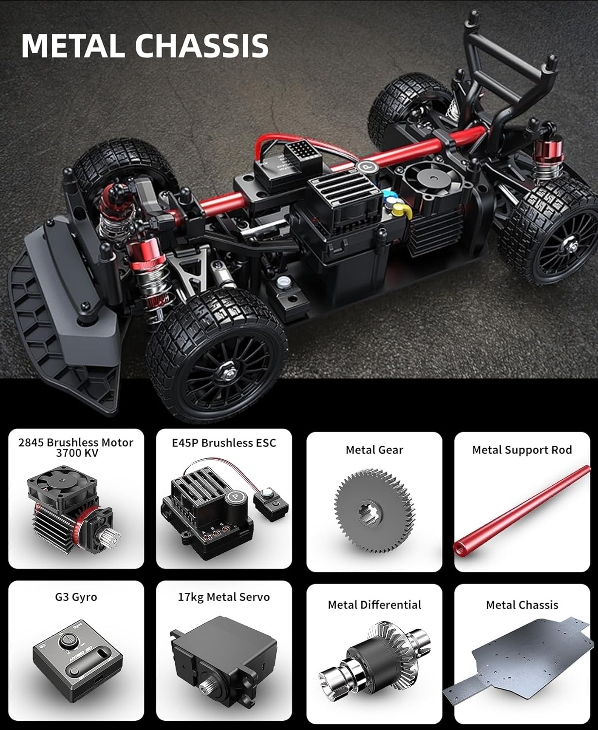 Detailed view of the RC car's metal chassis and internal components including brushless motor, ESC, metal gear, metal support rod, G3 Gyro, 17kg metal servo, and metal differential.