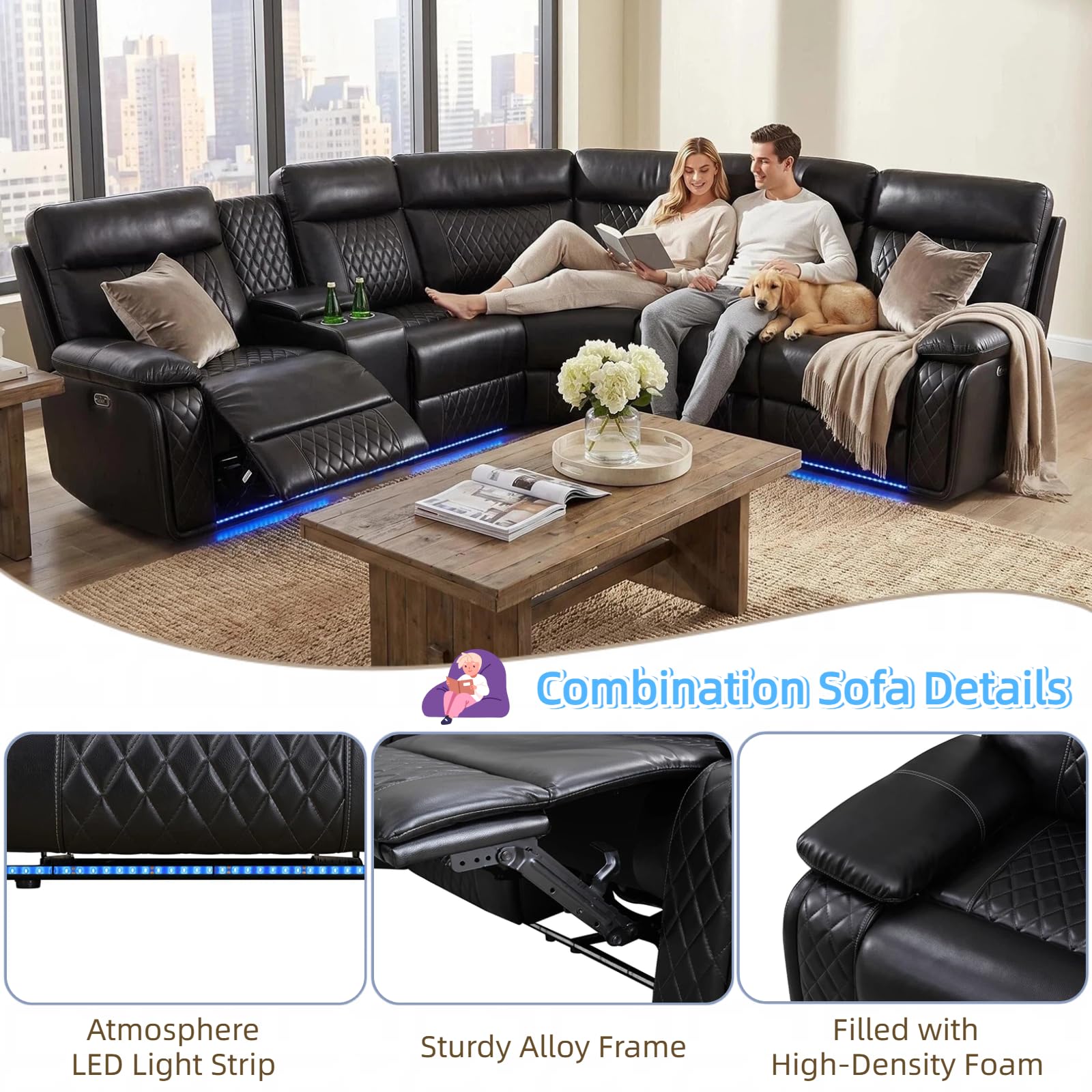 Power Reclining Sofa Set with LED Light,Living Room Furniture Sets,Leather Recliner Sectional Couch Set with USB Charging Port & Storage & Cup Holders for Apartment/Home Theater/Office view 4