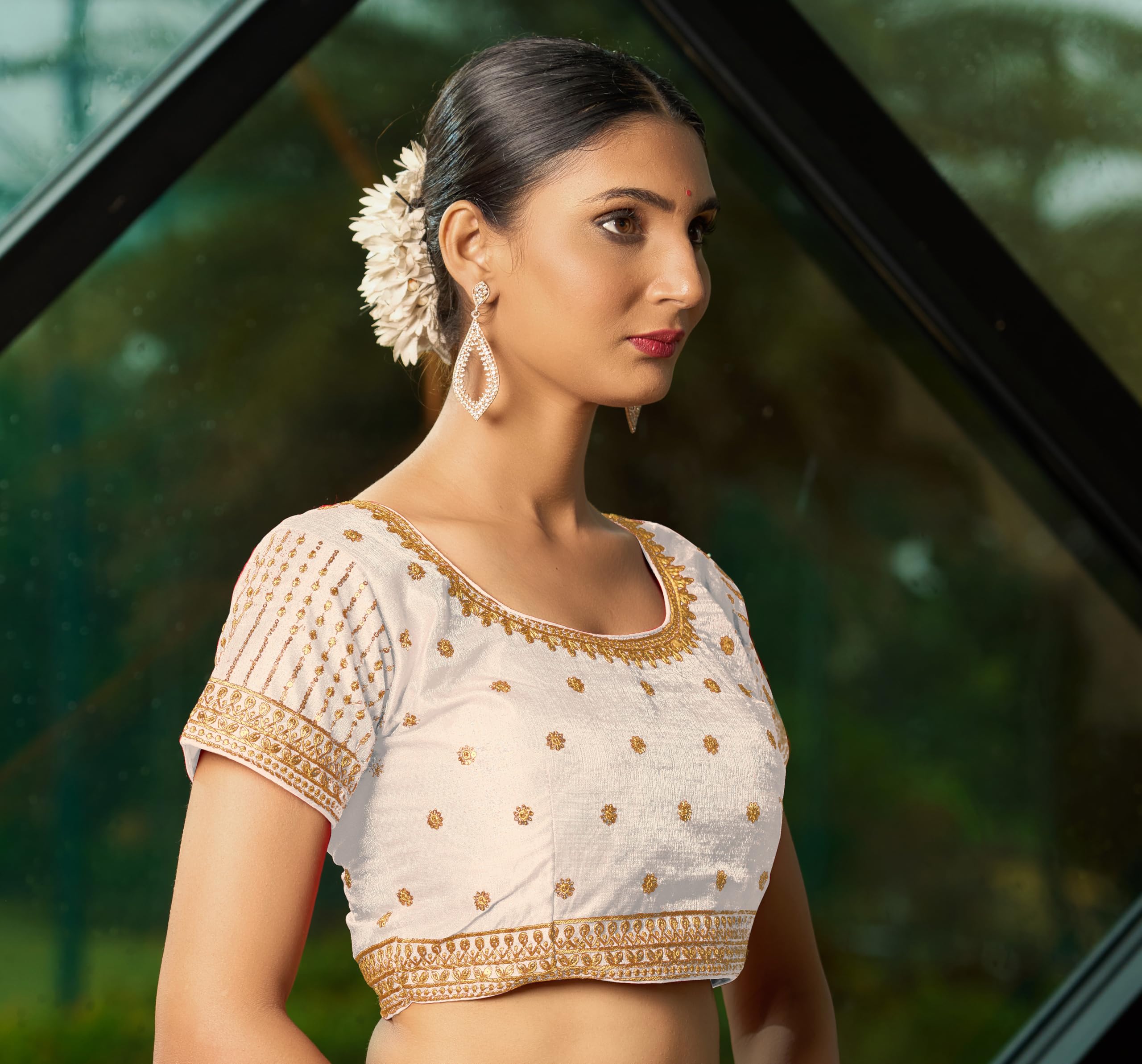 Pujia Mills Women's White Readymade Blouse Embroidery Multi Coding Gold Thread Indian Ethnic Designer Blouse Stitched Women's Readymade Short Sleeve Saree Blouse For Women For Saree Lehenga Choli
