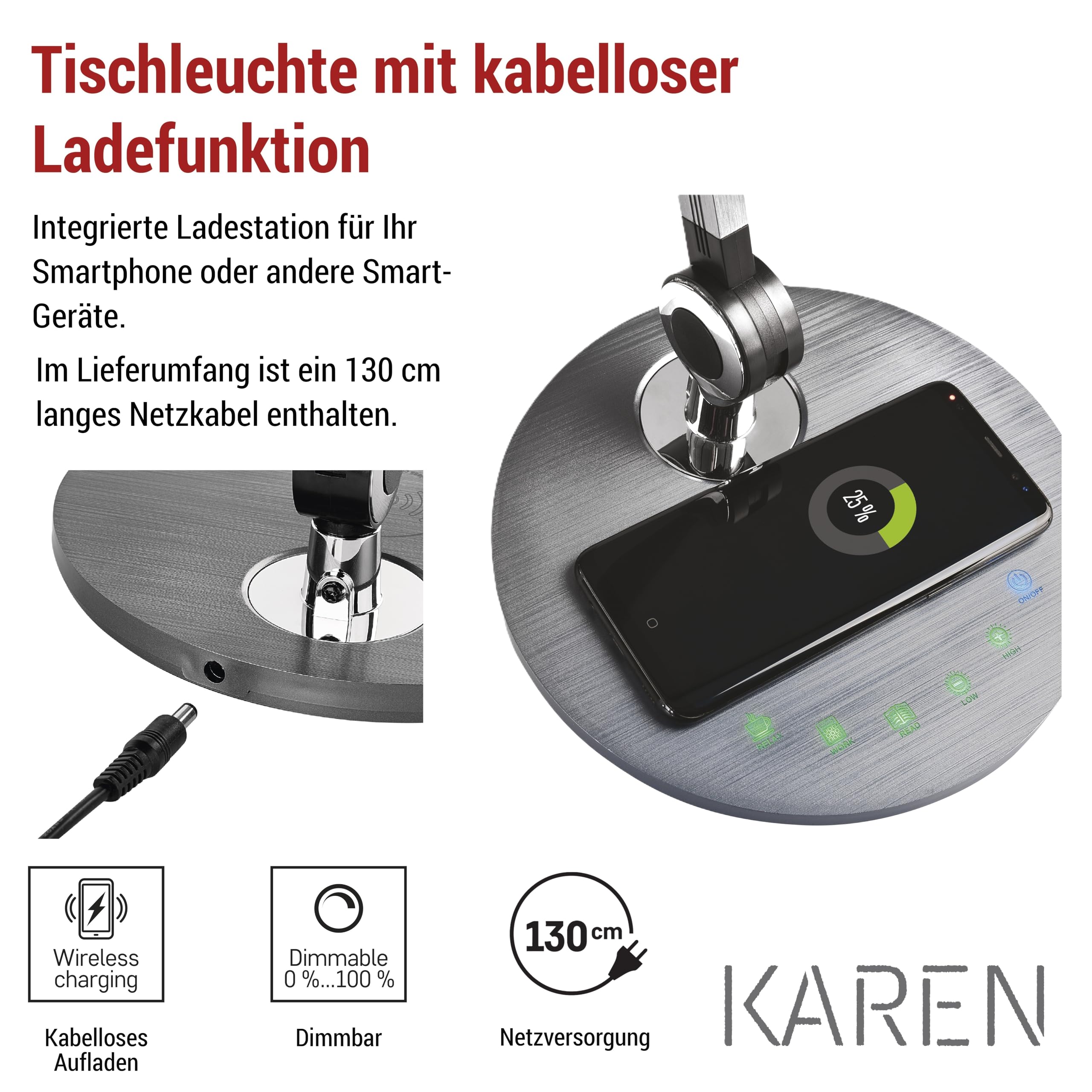 EMOS Karen - Lampada da tavolo a LED, 9,2 W, ricarica wireless per cellulare, super luminosa, 640 lm, dimmerabile, colore della luce regolabile (3000/4000/6500 K), cavo di ricarica da 1,3 m, con