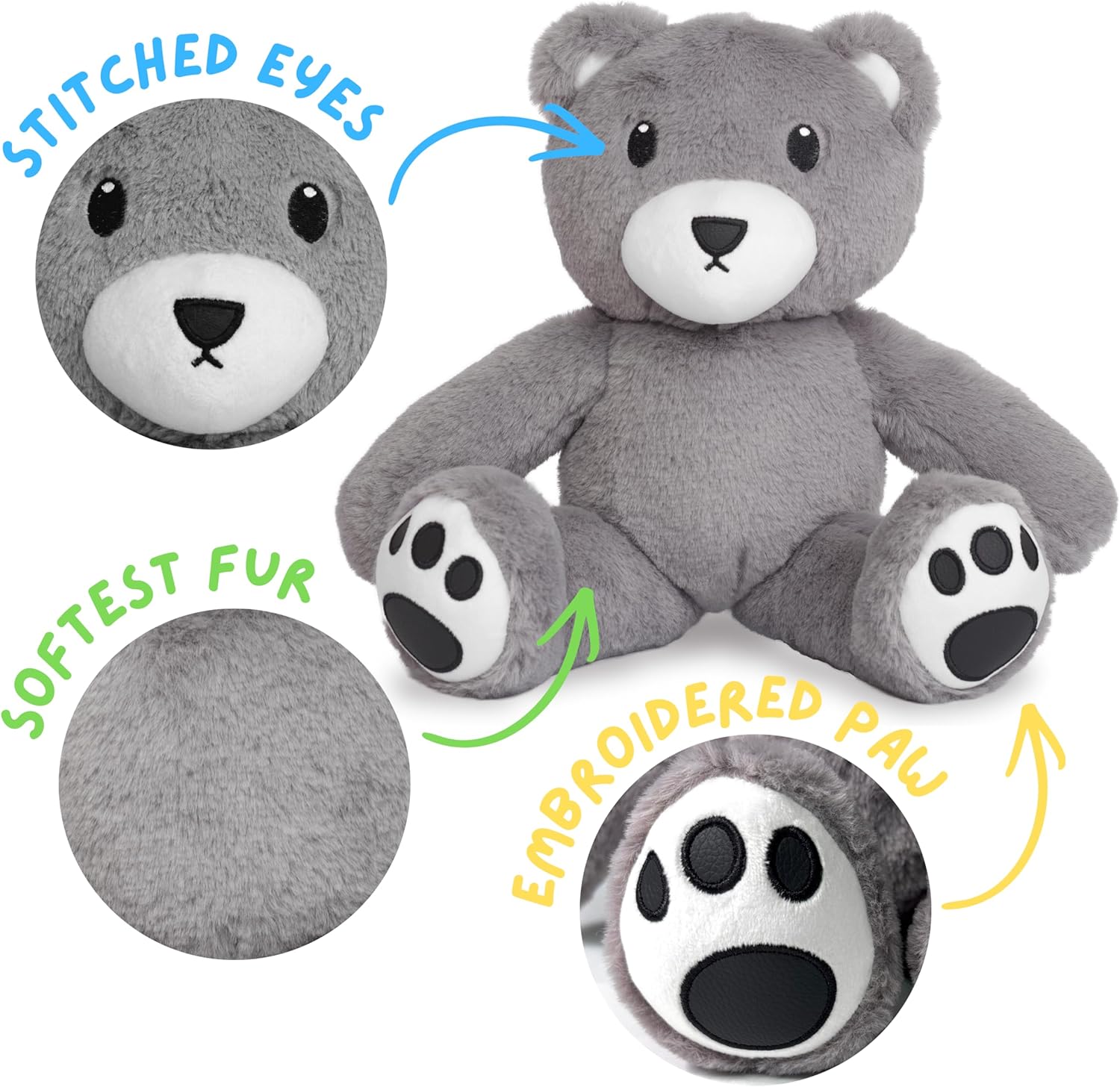 Huggable Gray Teddy Bear, Soft Stuffed Plushie - Easter Gifts for Kids and Teen Girls, 16 Inches