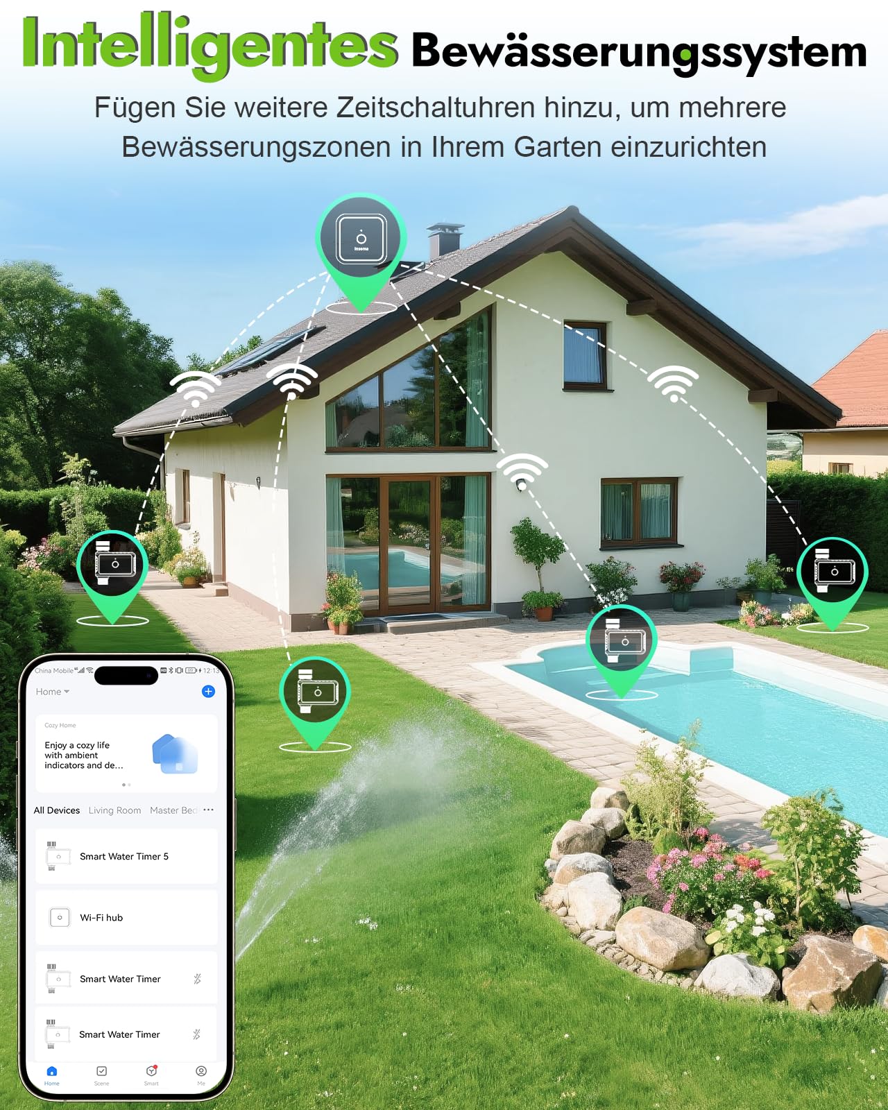 Insoma Timer z wężem WiFi z mosiężnym wejściem i wylotem, inteligentny regulator nawadniania z koncentratorem, regulator nawadniania do węży ogrodowych, sterowanie aplikacją i głosem, kompatybilny z