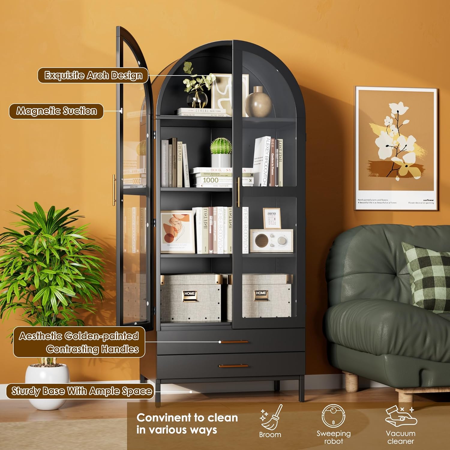 Metal Arched Pantry Cabinet with 2 Drawers,Black Arched Cabinet with Glass Door for Kitchen Home, Assemble Required,Black,72.76"×30.83" W×16.10" D