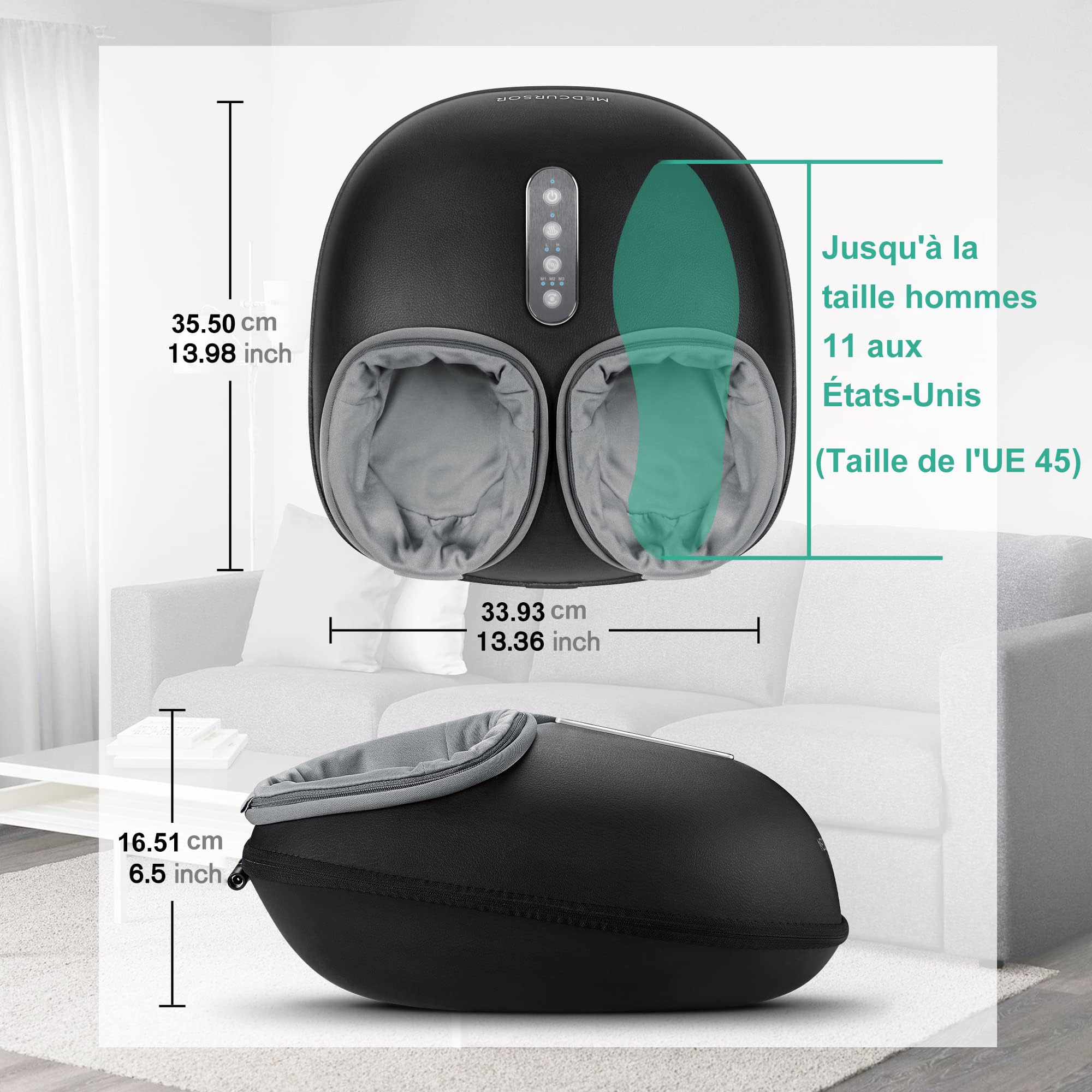 Machine de massage des pieds Medcursor avec fonction de chaleur, masseur à pétrissage profond, réglages multi-niveaux et intensité réglable pour utilisation à domicile ou au bureau (noir)