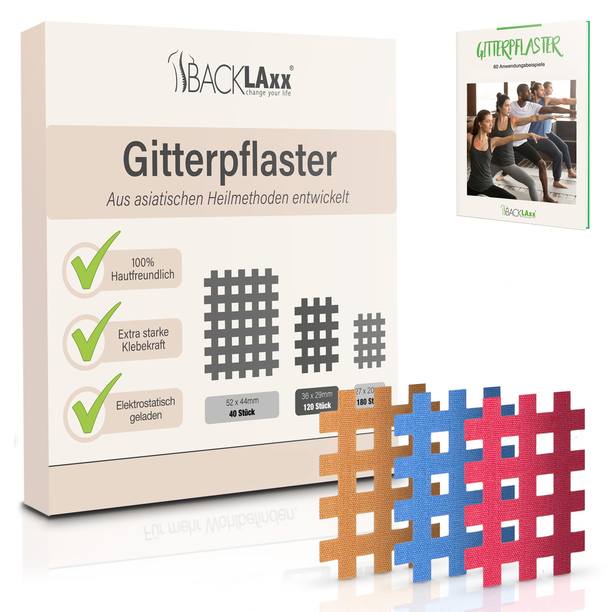 BACKLAXX® Gittertape | Premium-Qualität 40 Stk | Crosstapes Gitterpflaster Set in Größen Typ C | GRATIS umfangreiches eBook mit 60 Anwendungsbeispielen | Akupunkturpflaster Cross Tape Gitterpflaster