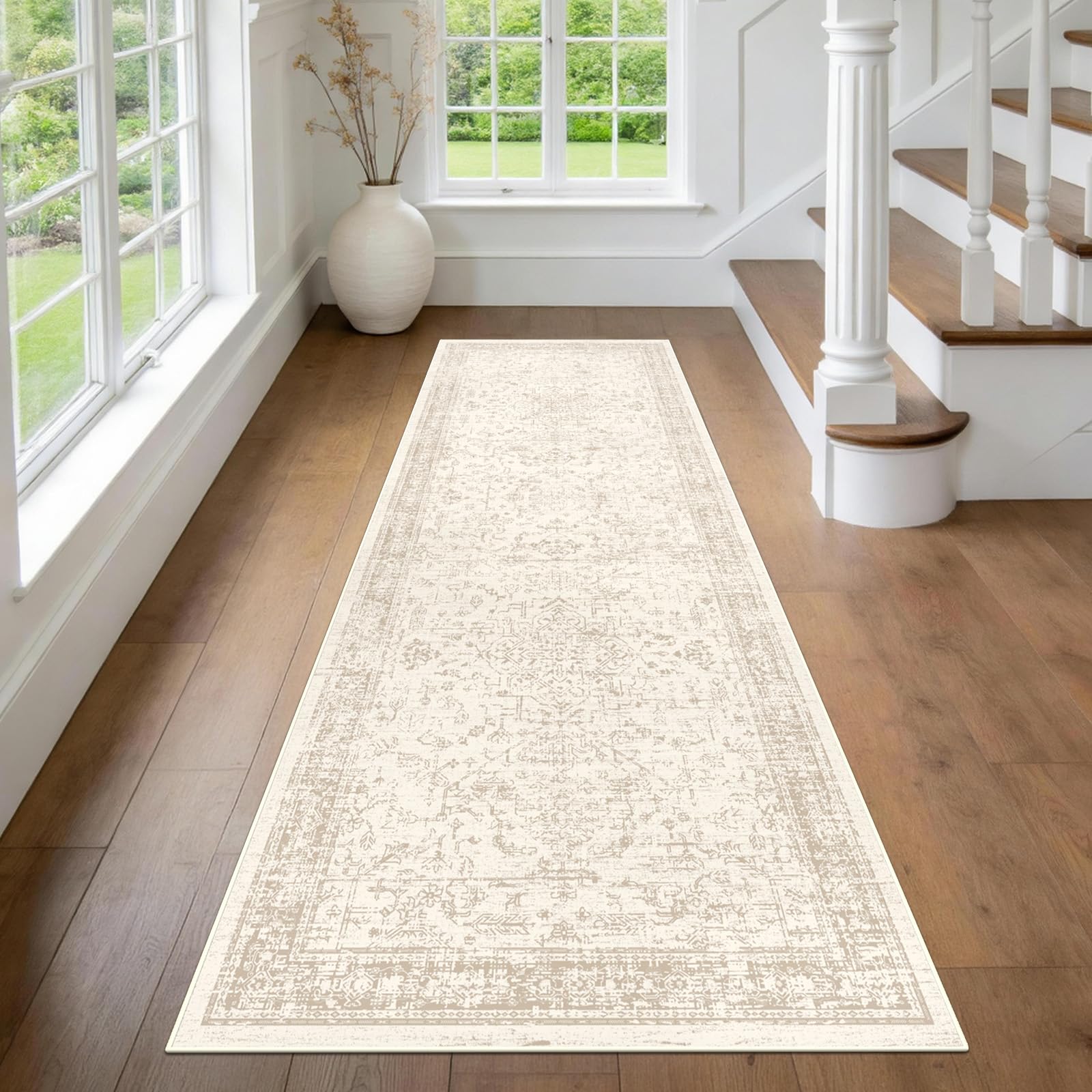 GEANUP Beige Runner Rugs for Hallway 60x180cm, Vintage Washable Hall Runner with Non Slip Backing, Cloudly Soft Low Pile Floor Carpet Runner for Kitchen Bedroom Entryway Bathroom Corridor Non Shedding — image 1