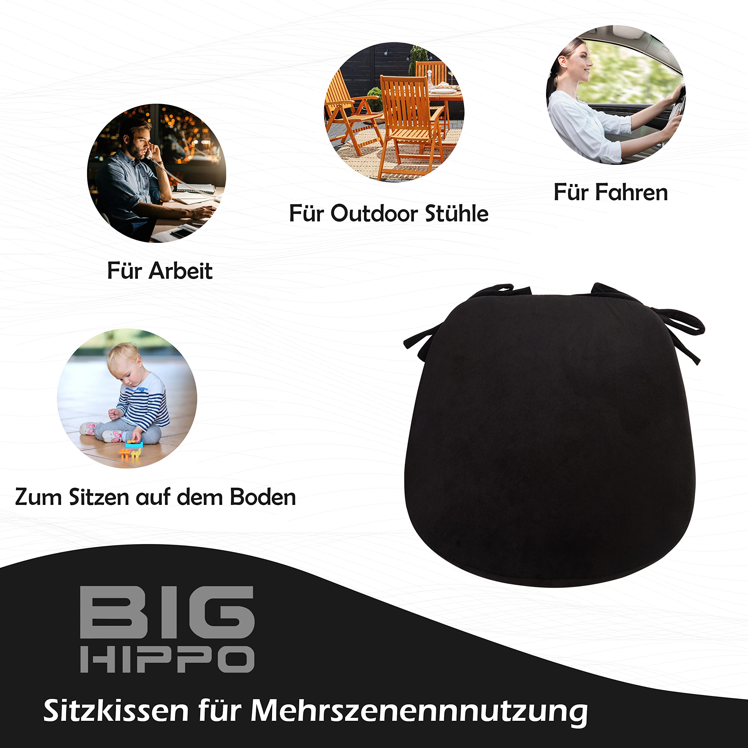 Big Hippo Zitkussen 40 x 40 cm, outdoor, traagschuim zitkussen voor tuinstoel, bureaustoel en vloer, antislip chenille, ademend, grijs