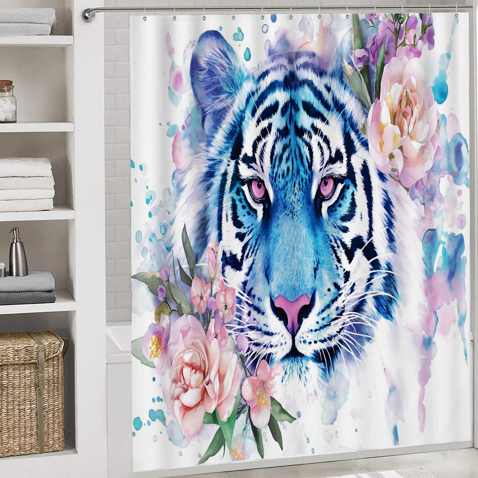 Rideau De Douche Tigre des Fleurs Animaux À L'Aquarelle Tissu Imperméable Lavable avec Crochets Anti Moisissure en Polyester Rideau Douche pour Salle De Bain