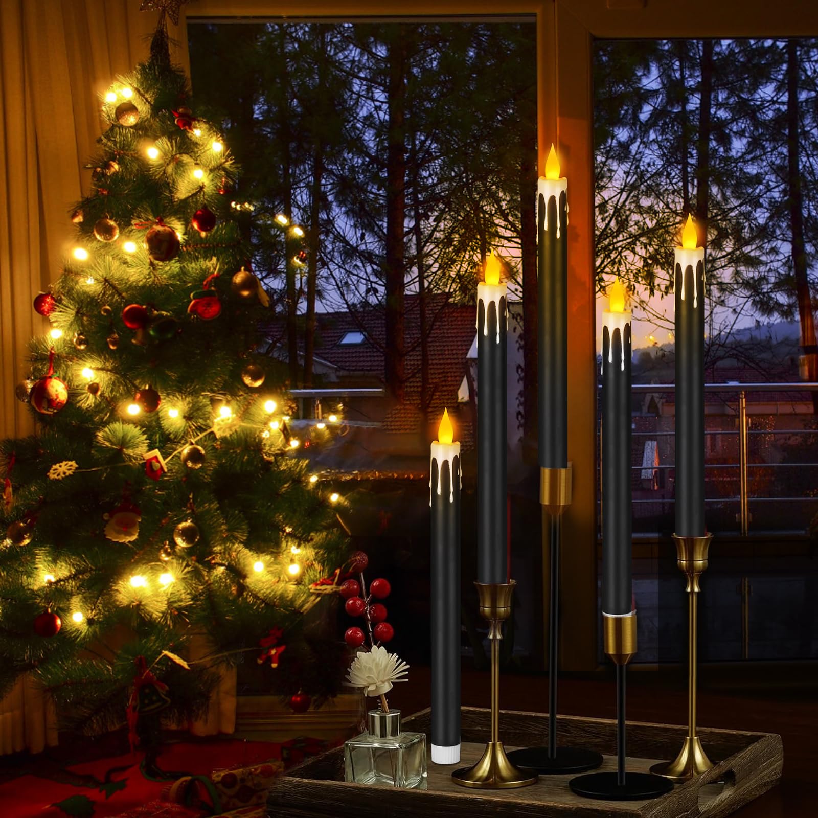 Wemarry - Candele coniche senza fiamma da 10,6 pollici, senza gocciolamento, alimentato a batteria, include timer remoto, oltre 400 ore per 2 batterie AA per Halloween, Natale, matrimonio (colore nero