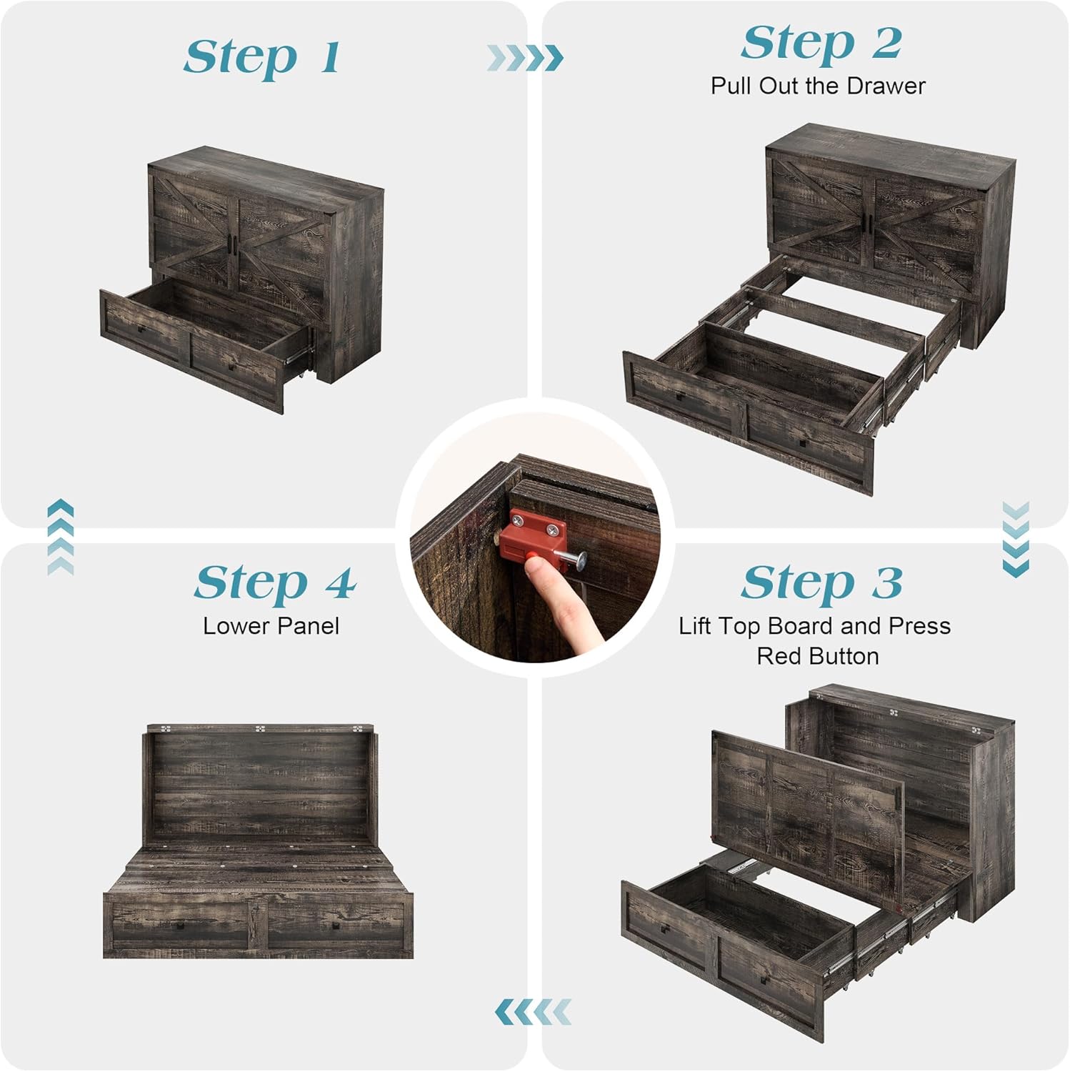 Four-step visual guide for assembling the Murphy bed, showing the cabinet, pulling out the drawer, lifting the top board, and lowering the panel.