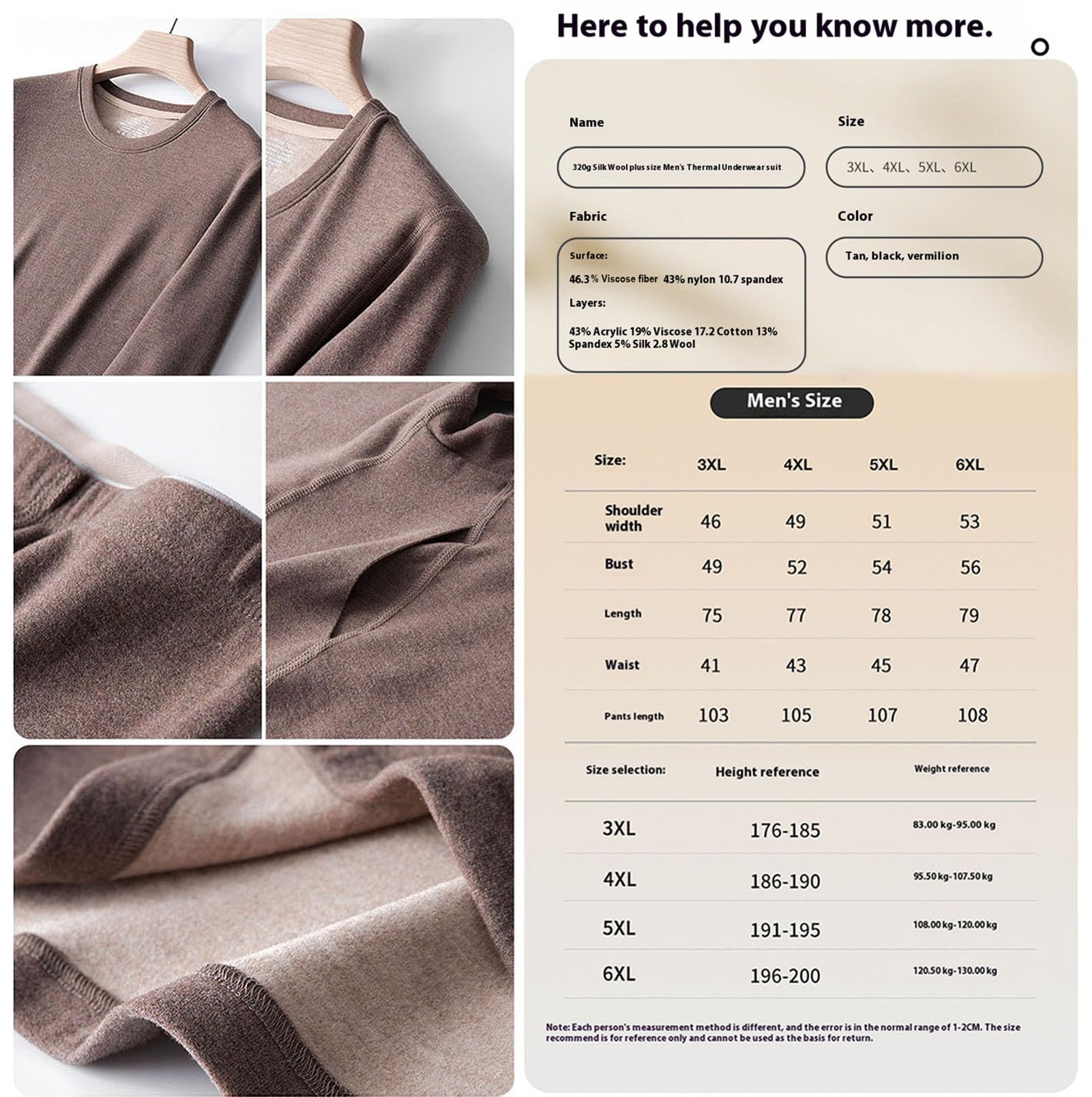 Generic Męska bielizna termiczna Długi zestaw Johns, Zestaw warstw elastycznych w rozmiarze plus size Zimowy zestaw bielizny termicznej z wełny jedwabnej L-6XL