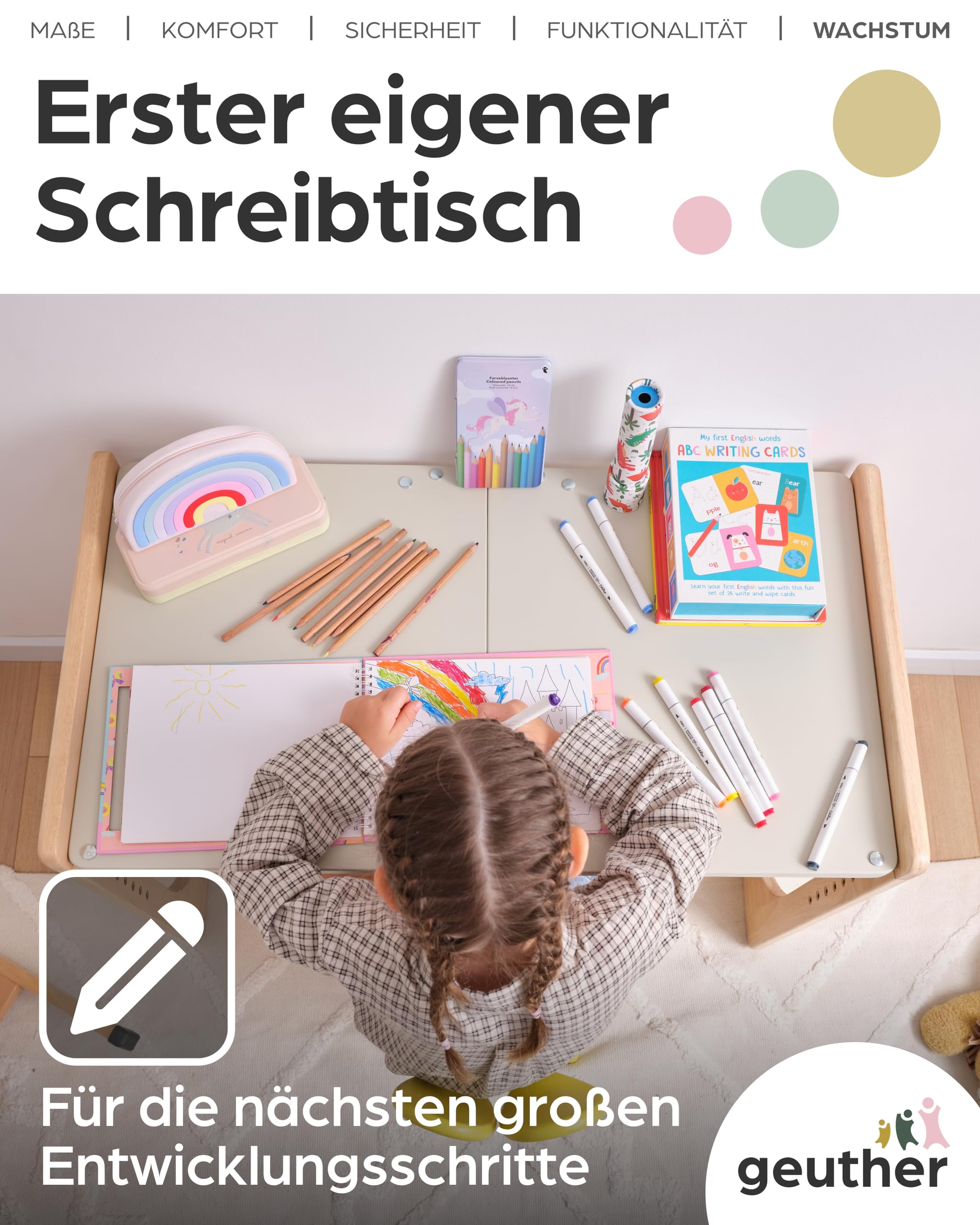 Geuther 4-in-1 Beistellbett Baby Hato, Baby Erstausstattung für Babyzimmer ab Geburt I Babybett mit Rollen, Gitterbett umbaubar als Kinderbett, Sitzbank oder Kindertisch I Buchenholz, Natur-Beige