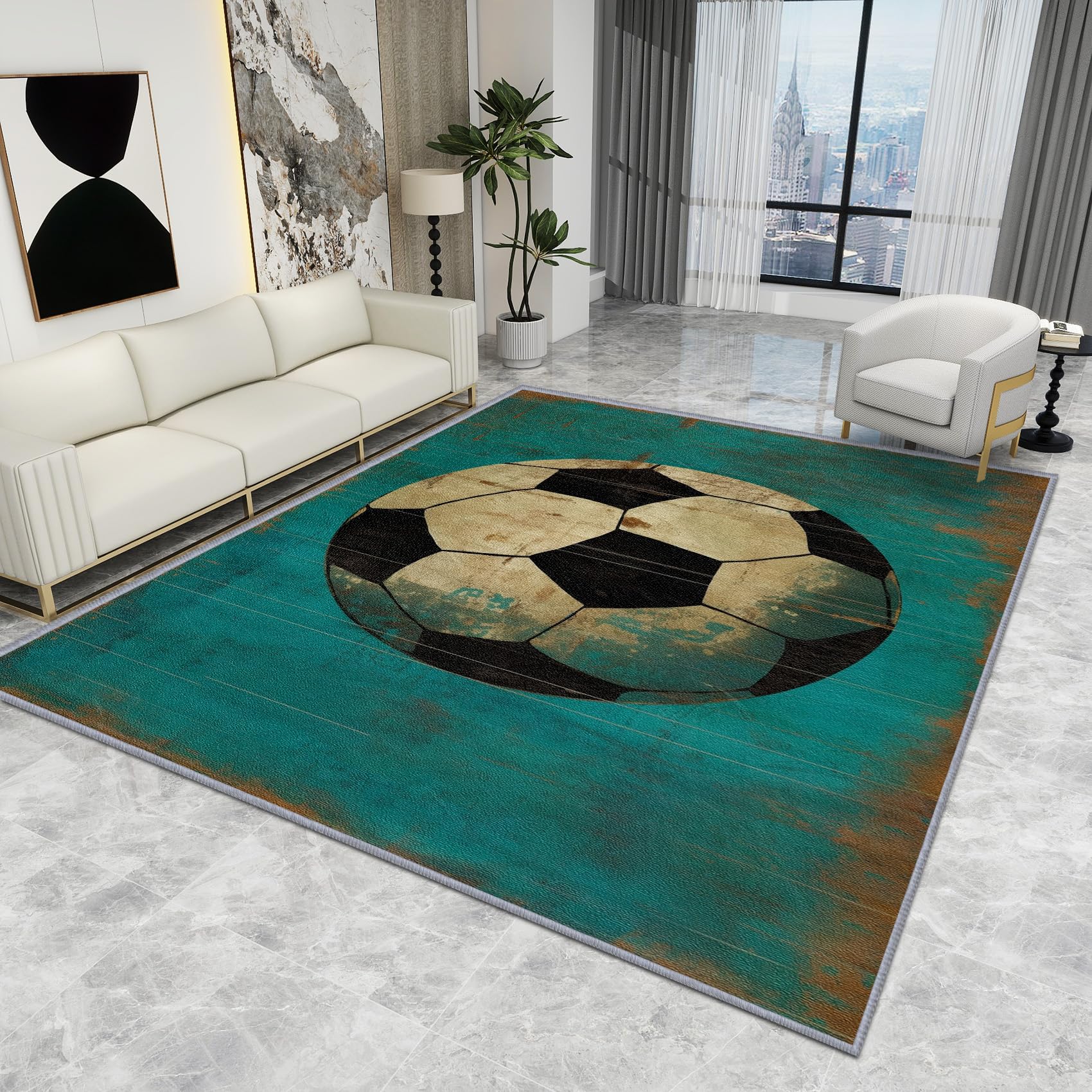 Football Rug for Boys Bedroom - Football Rug - Rustic Sports Soccer Rugs, Vintage Ball Carpet, Washable Rug Non Slip Low Pile Soft Large Area Rugs, Football Home Decor Gifts, 120 X 120 cm