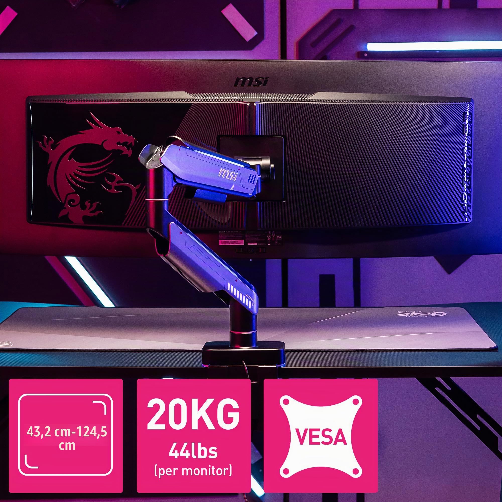 MSI MPG MT201R V2 - Braccio di supporto per monitor singolo RGB premium, supporta schermi da 17-49" e 20 kg, compatibile VESA, supporto regolabile con molla a gas resistente, morsetto e passacavo