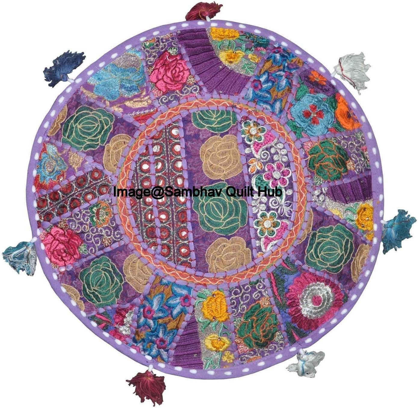 Traditional Indian Multi Patch Embroidery Vintage Cotton Floor Pillow & Cushion Patchwork Bean Bag Chair Cover Boho Bohemian Hand Embroidered Handmade Pouf Ottoman Cover (Purple, 18X13 inch)