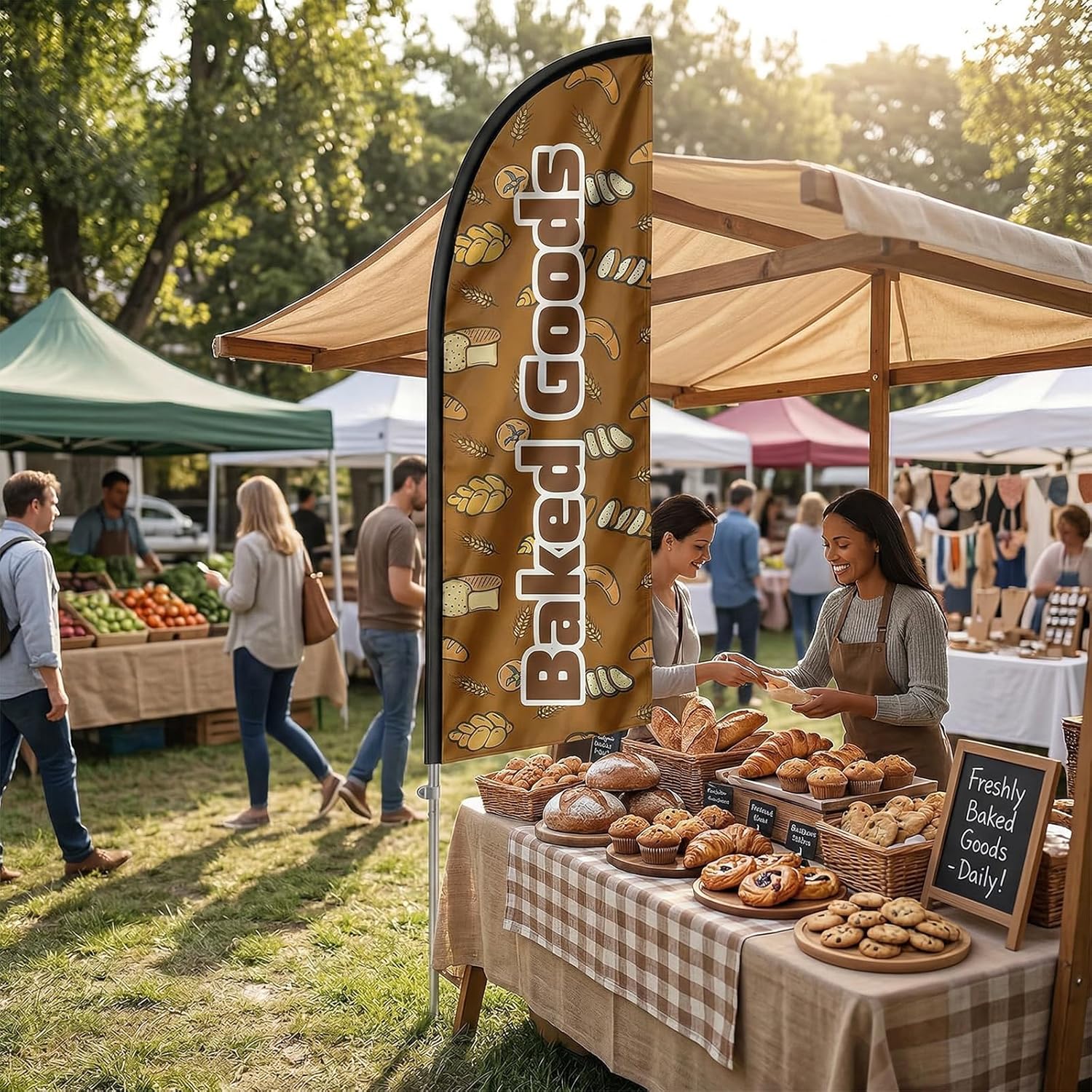 8FT Baked Goods Flag for Business, Portable Baked Signs with Stainless Steel Flagpole, Ground Stake, Eye-Catching Flag for Cake Baking Shop Outdoor Advertising