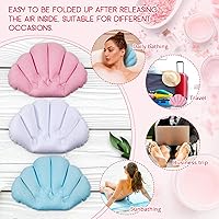 Vista 4 de Almohada inflable de baño de 3 piezas con ventosas, cubierta de tela de rizo en forma de concha para bañera o spa, cojín cómodo y suave, soporte