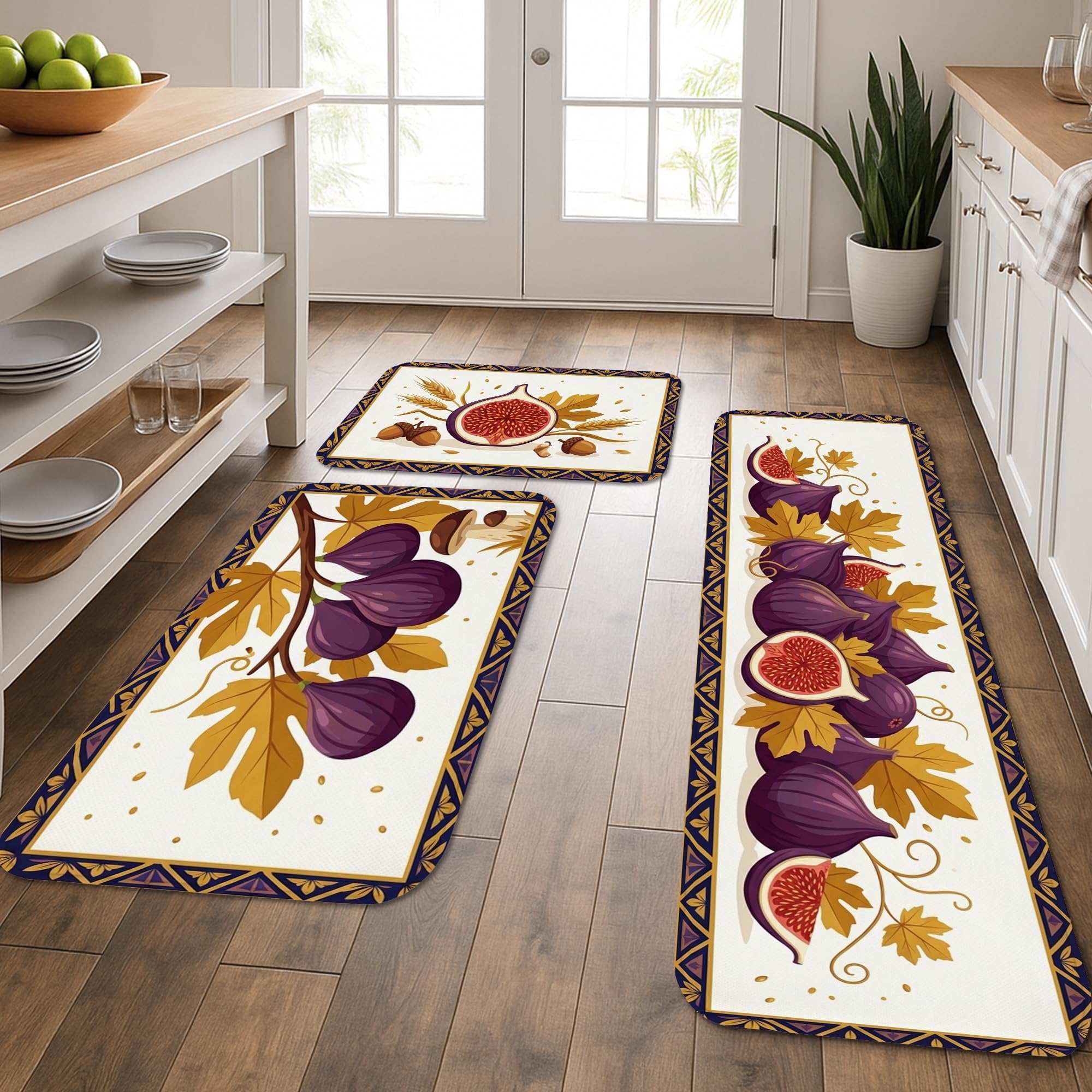 Lot de 3 tapis de cuisine rustiques violets avec motifs de figues et de feuilles de raisin