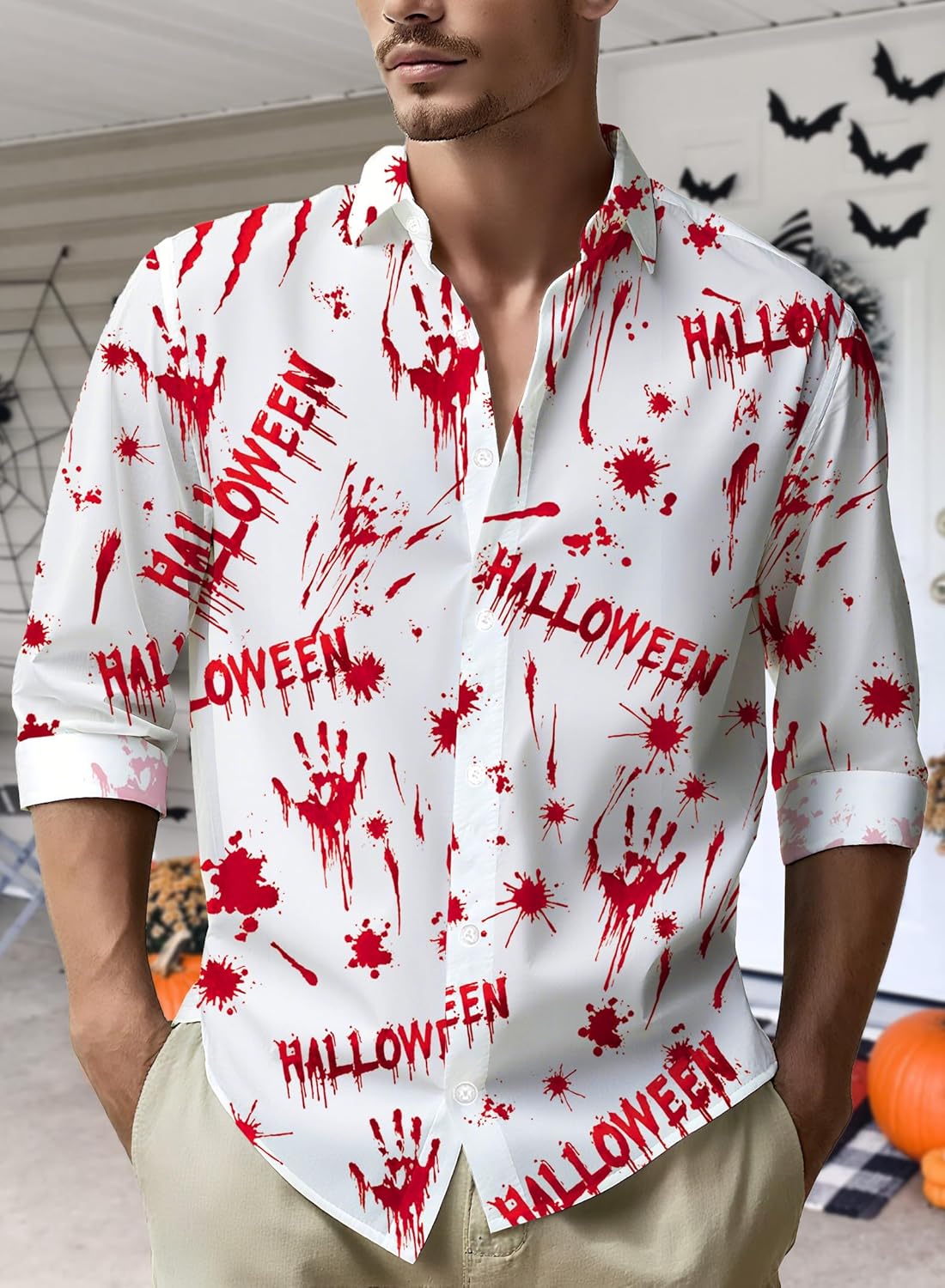 Halloween Shirts for Men: Funny Pumpkins Skull Print Tee Shirt Hawaiian Button Up Long Sleeve Tops - Image 3