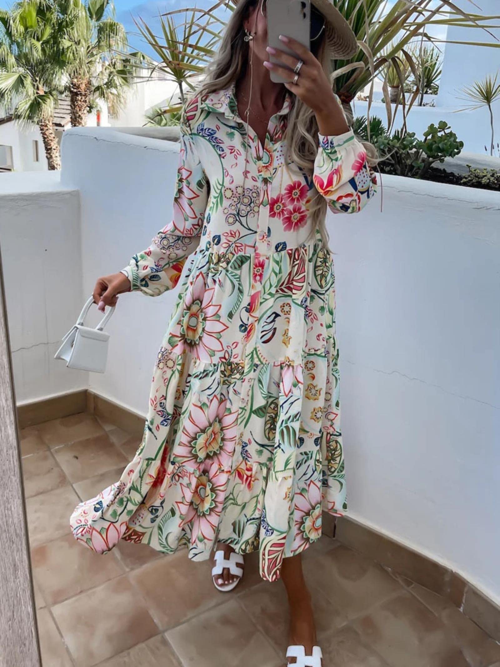 SUYGGCK Letnie sukienki dla kobiet moda wywijany kołnierz guziki długa sukienka eleganckie koszule z nadrukiem kwiatowym sukienka wiosna lato na co dzień luźna sukienka z długim rękawem - 01 biała, XL