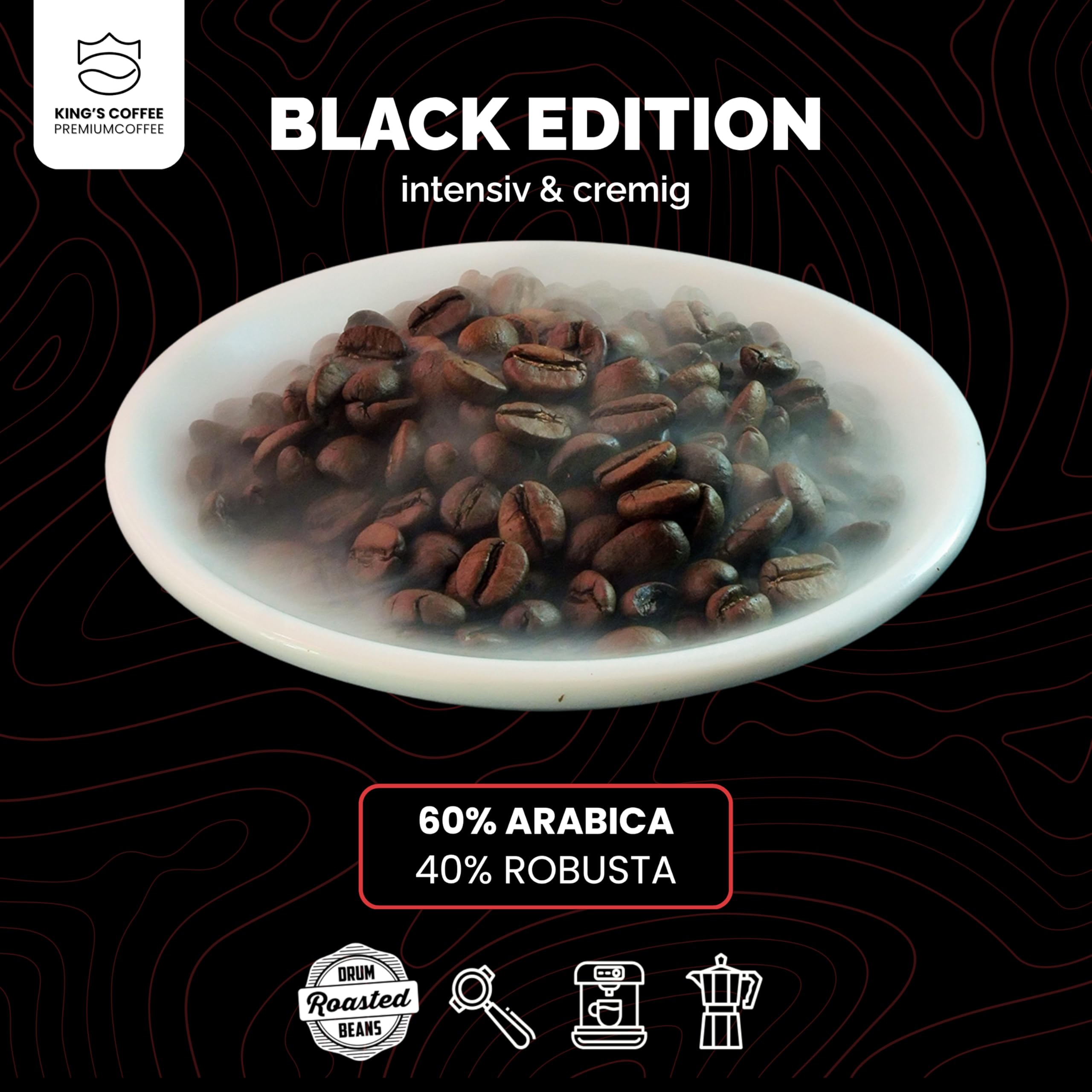 KING'S COFFEE - BLACK EDITION - 1kg Kaffeebohnen Crema Intense - säurearmer Kaffee - kleine Chargen-Röstung aus Italien - kräftige Arabica Espresso Bohnen (Blend) für Vollautomaten & Siebträger