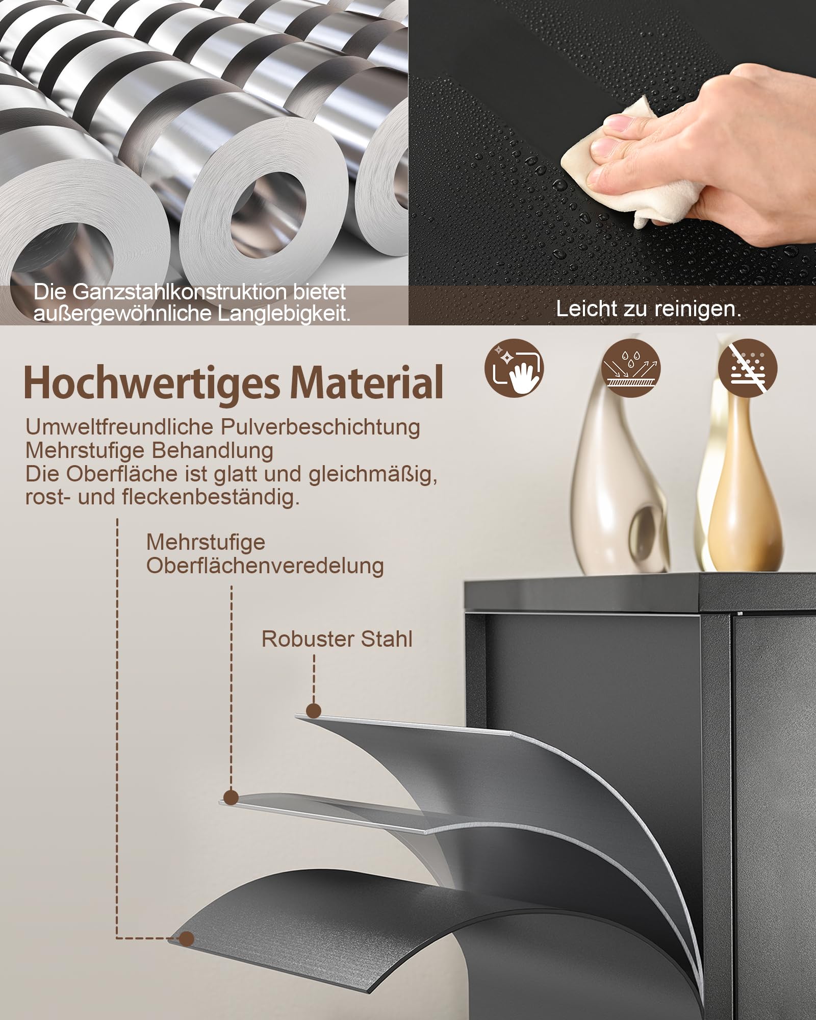 LAND·VOI Stahlschrank 3 Ebenen mit Schloss verstellbare Einlegeböden Doppeltüren Aktenschrank Werkzeugschrank für Büro Garage Haushalt Werkstatt 80x40x91.5 cm Schwarz