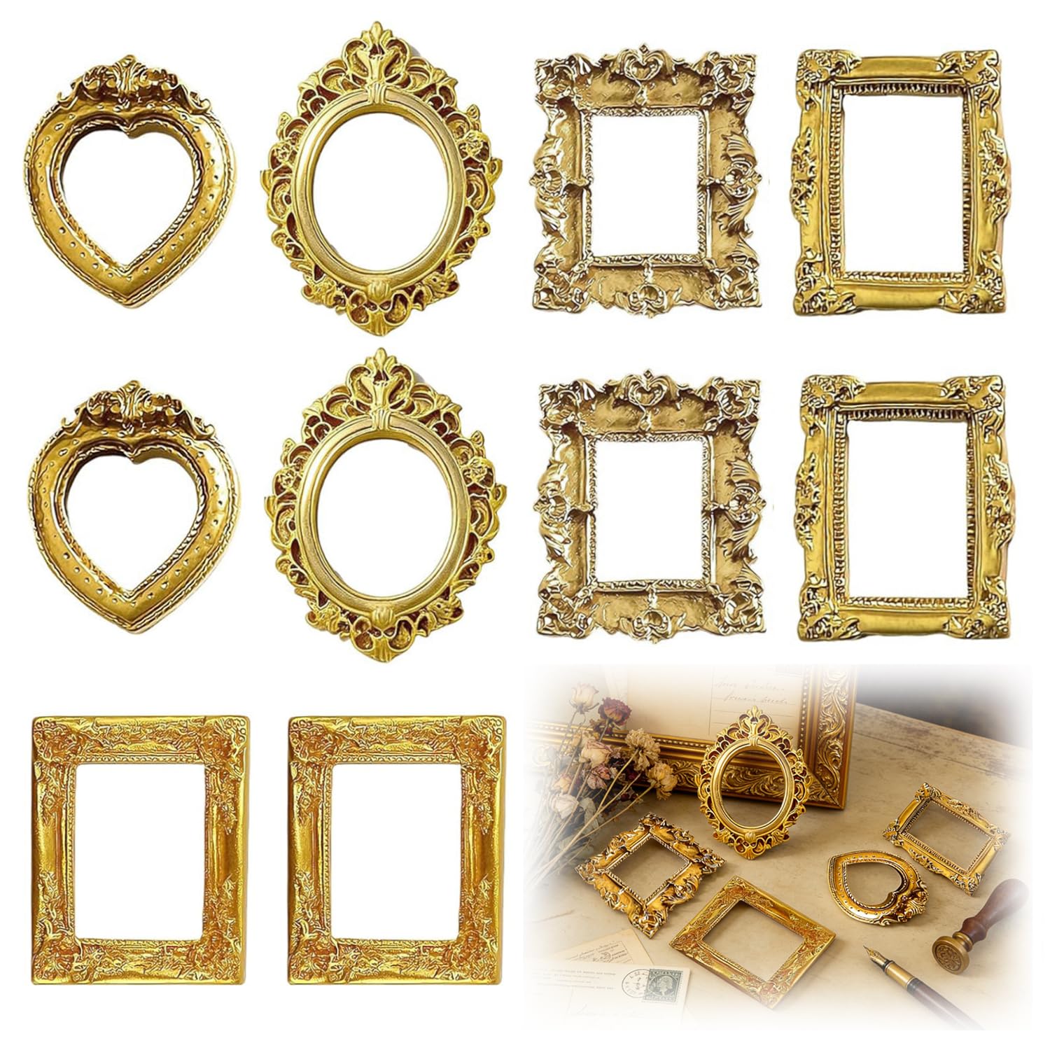 Tilonkj Antique Gold Mini Gold Picture Frames, 10-Pack Vintage Baroque Resin