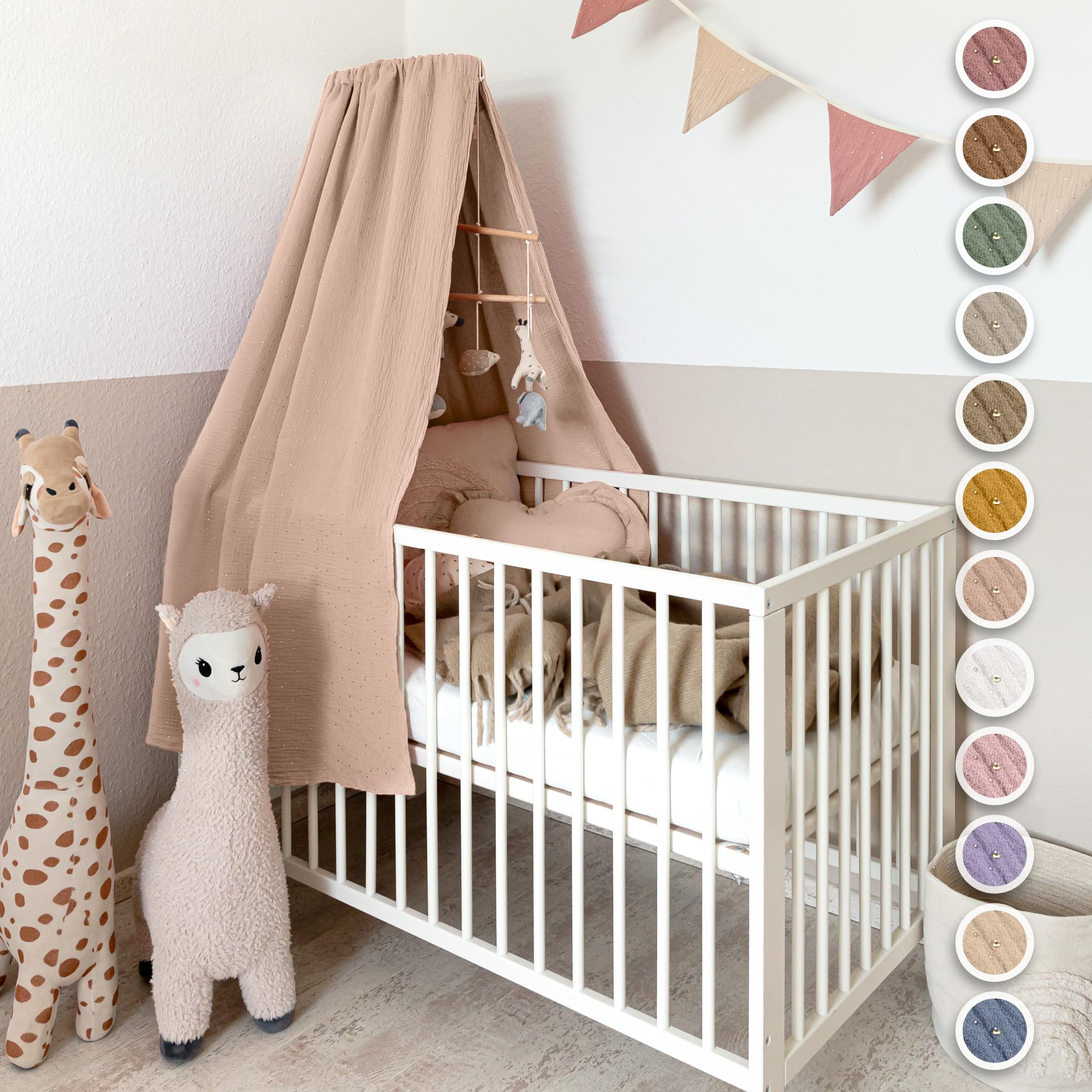 lilimaus Betthimmel Babybett mit Goldapplikationen [in 12 Farben] Himmel Babybett aus 100% Baumwolle Musselin - Betthimmel Mädchen & Jungen - Himmelbett Kinderzimmer & Babyzimmer Deko - Baby Bett