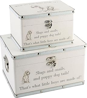 Widdop and Co Petit Chéri Vintage “Little Boys” Luggage Box Set – Set of 2 Decorative Faux Leather Suitcases – Storage Trunks with Nursery Rhyme Design – Baby Shower & Keepsake Boxes - H: 32 x W: 23 x D: 30cm.