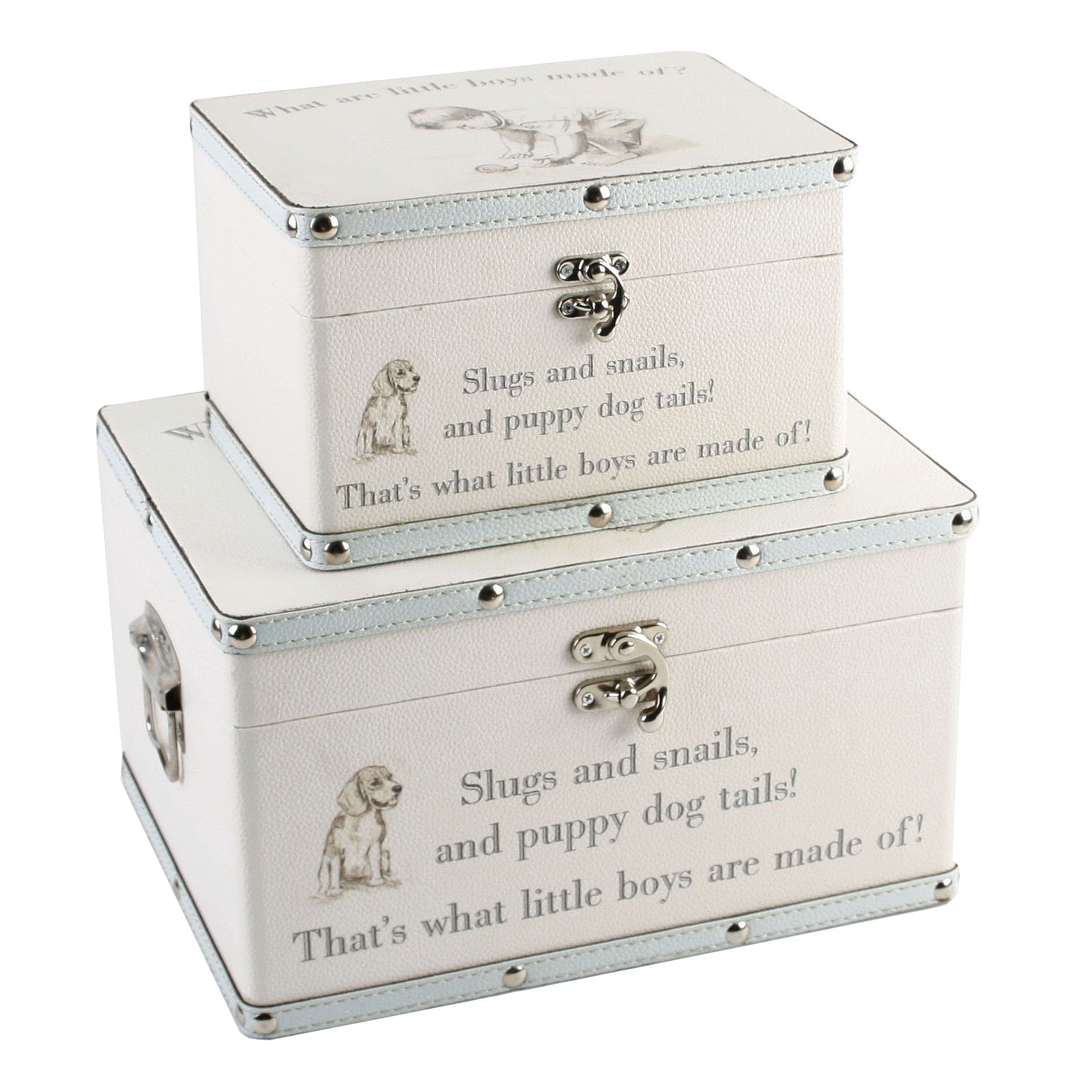 Petit Chéri Vintage “Little Boys” Luggage Box Set – Set of 2 Decorative Faux Leather Suitcases – Storage Trunks with Nursery Rhyme Design – Baby Shower & Keepsake Boxes - H: 32 x W: 23 x D: 30cm.